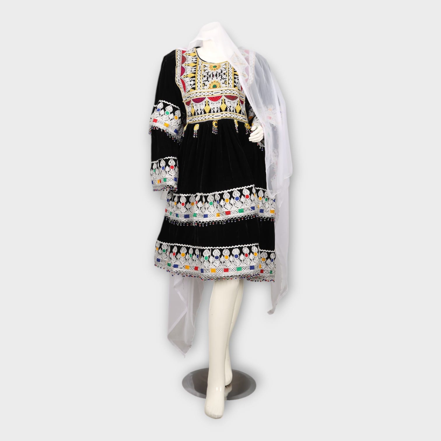 Black Velvet Afghani Dress with White Embroidery and Sheer Dupatta
