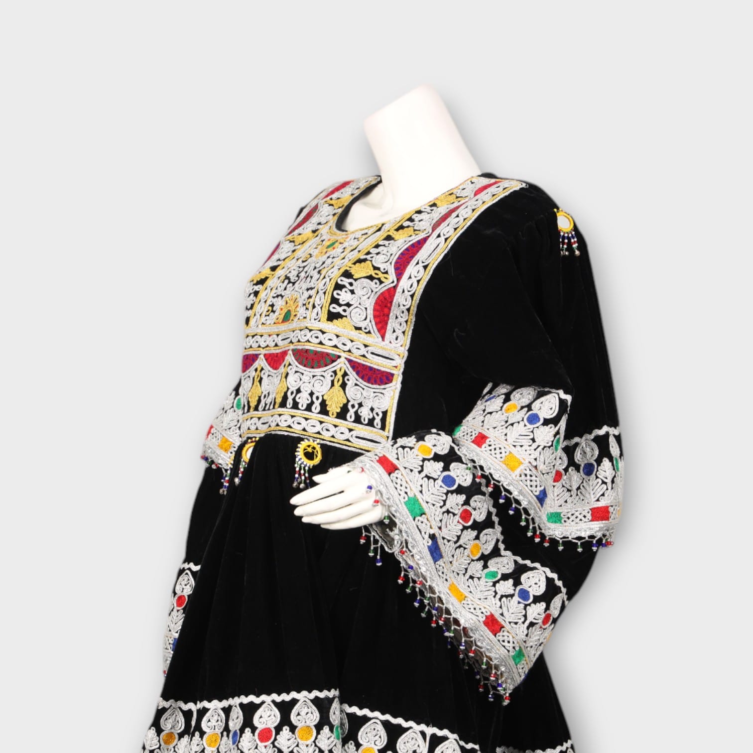 Black Velvet Afghani Dress with White Embroidery and Sheer Dupatta