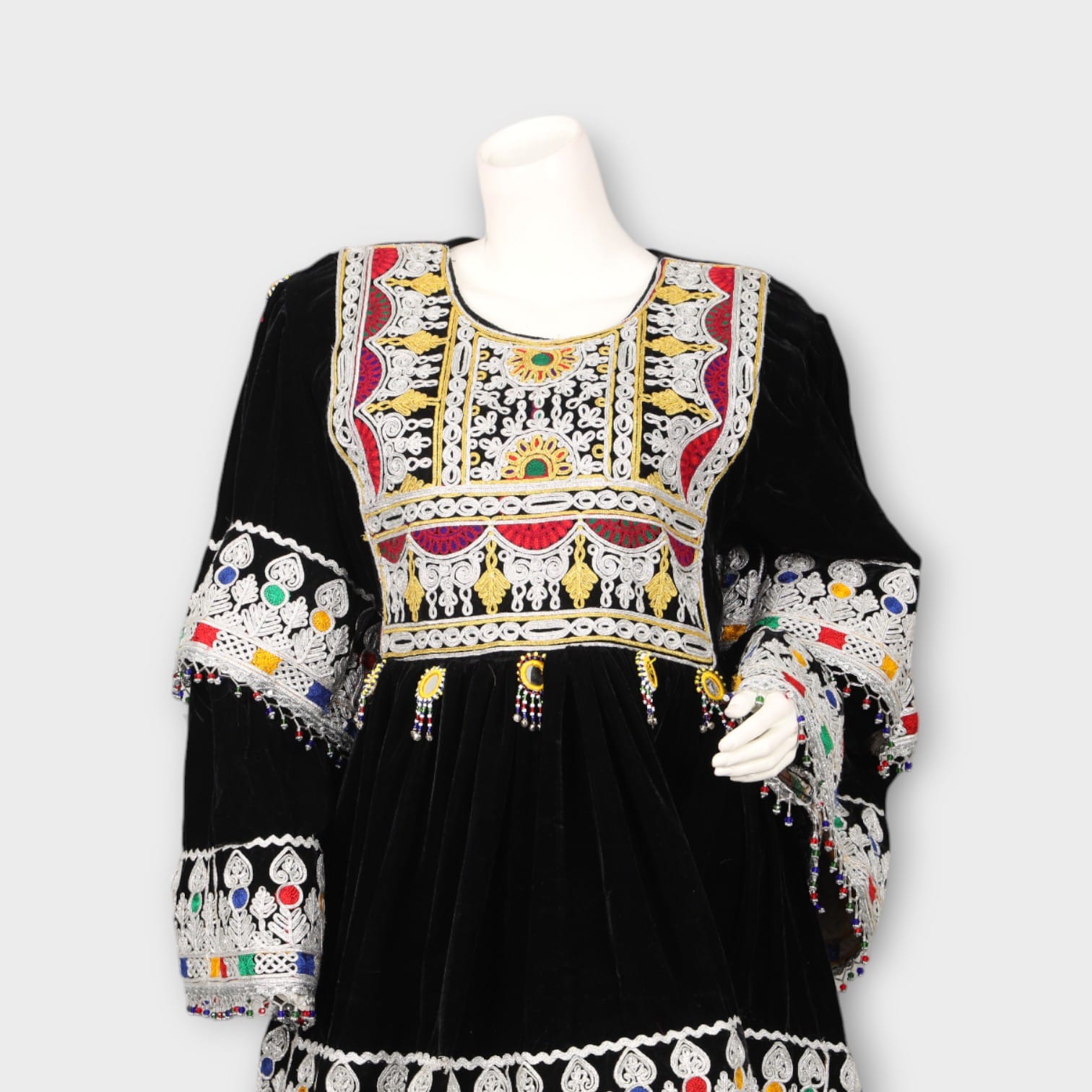 Black Velvet Afghani Dress with White Embroidery and Sheer Dupatta