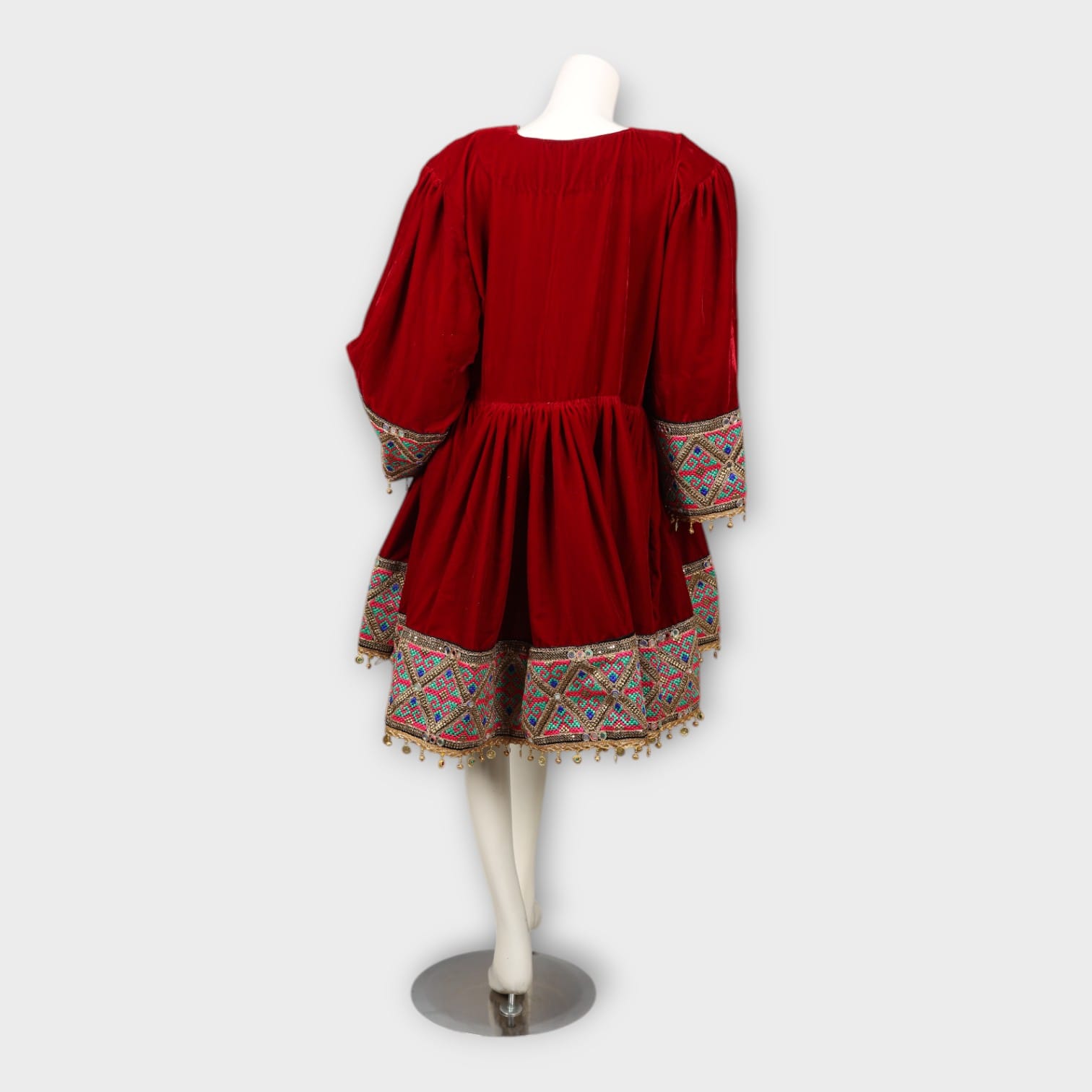 Red Velvet Afghani Dress with Colorful Geometric Embroidery and Pink Dupatta
