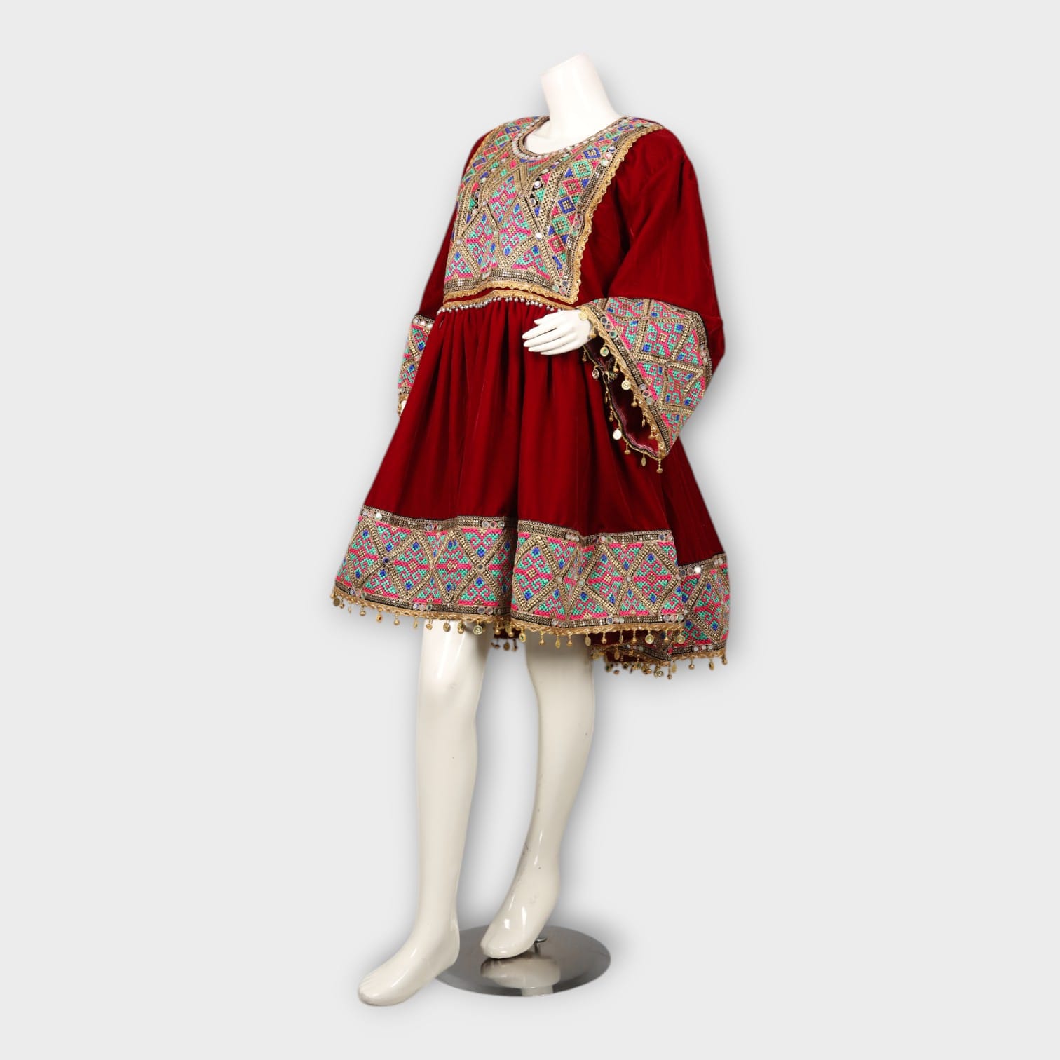 Red Velvet Afghani Dress with Colorful Geometric Embroidery and Pink Dupatta