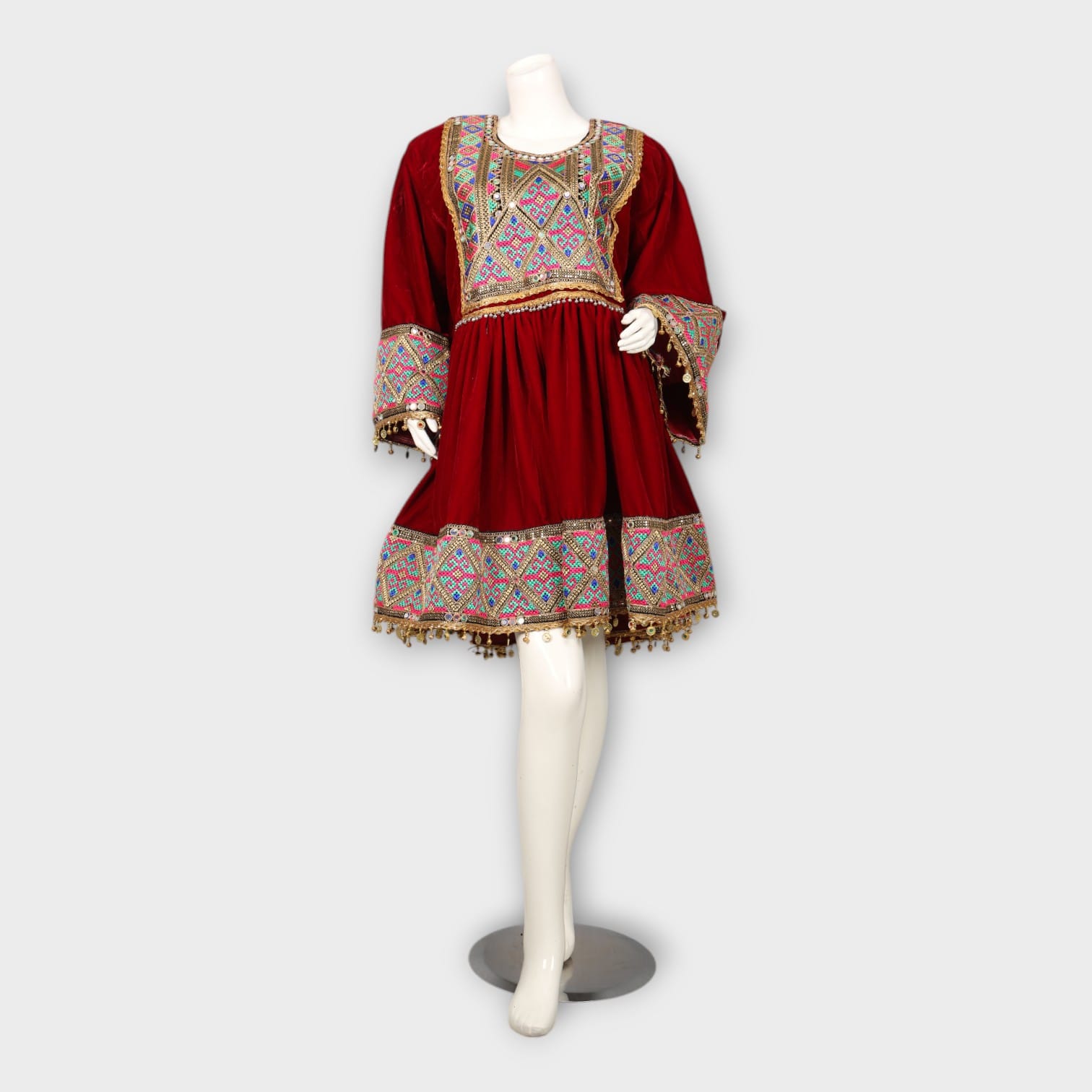 Red Velvet Afghani Dress with Colorful Geometric Embroidery and Pink Dupatta