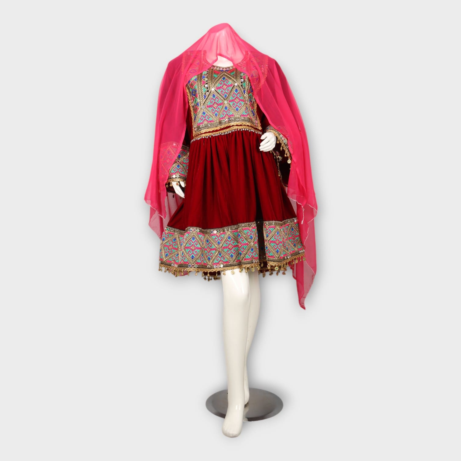 Red Velvet Afghani Dress with Colorful Geometric Embroidery and Pink Dupatta