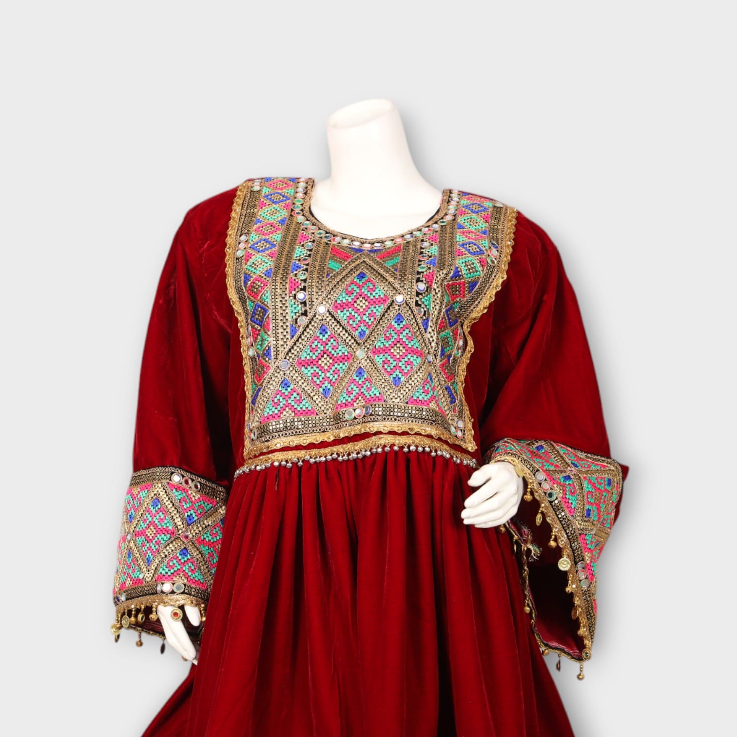 Red Velvet Afghani Dress with Colorful Geometric Embroidery and Pink Dupatta