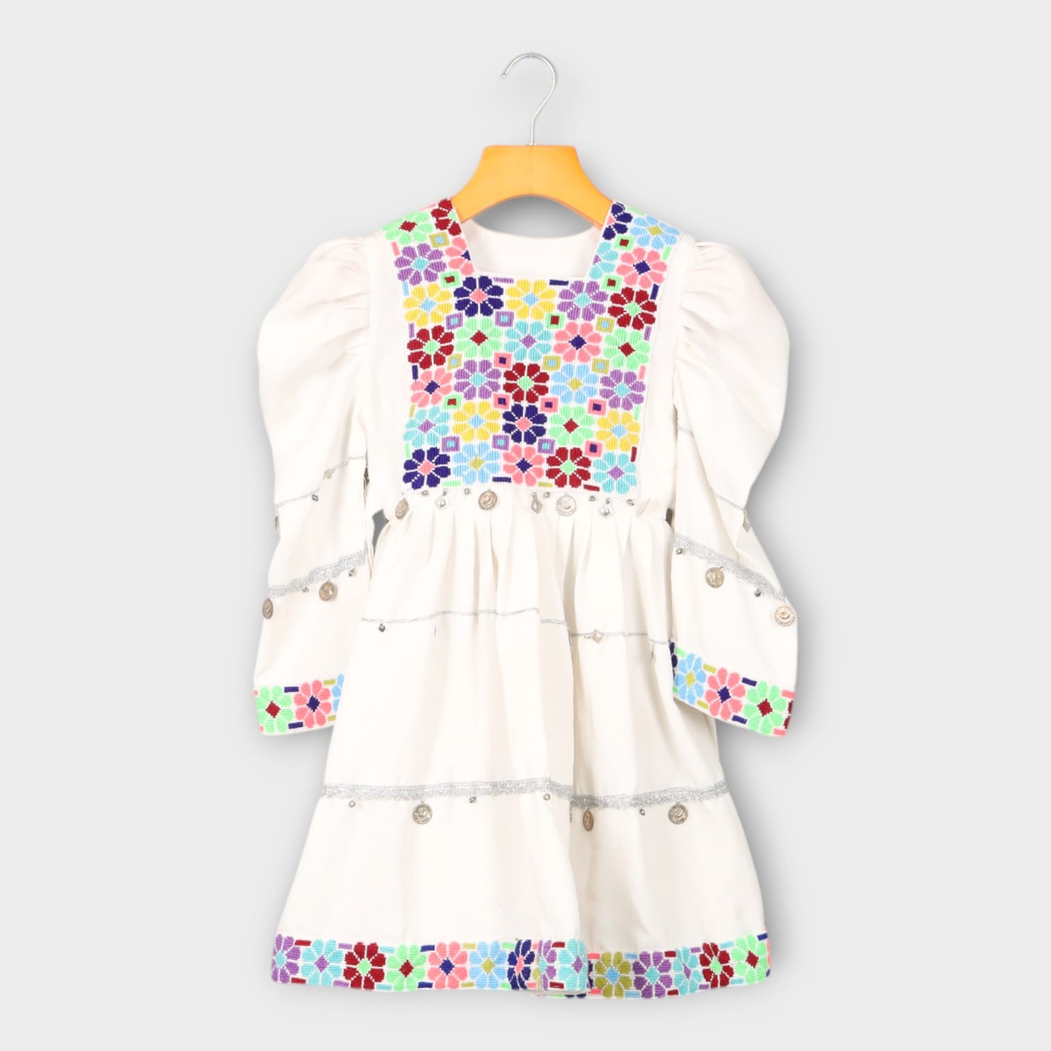 White Afghani Kids Dress with Colorful Embroidery and Blue Dupatta