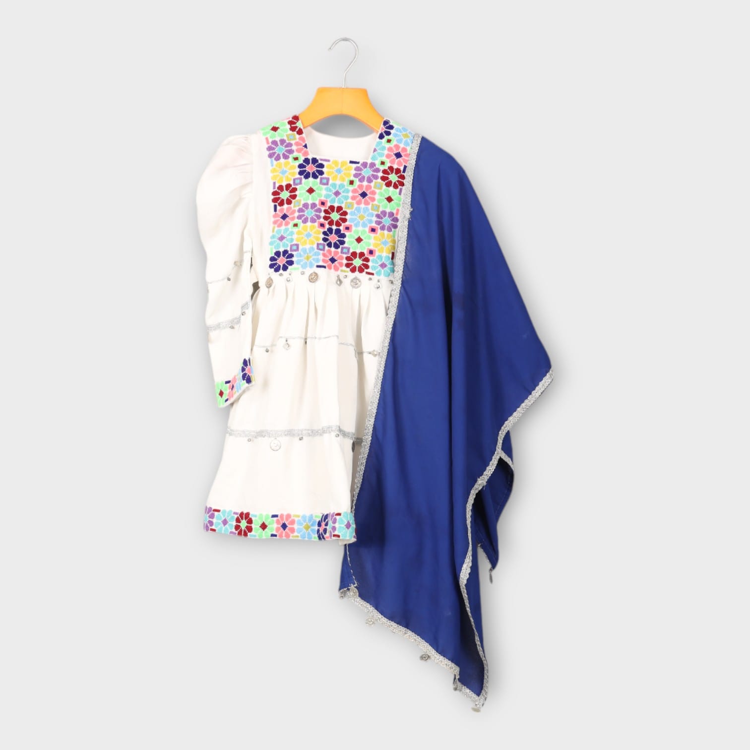 White Afghani Kids Dress with Colorful Embroidery and Blue Dupatta