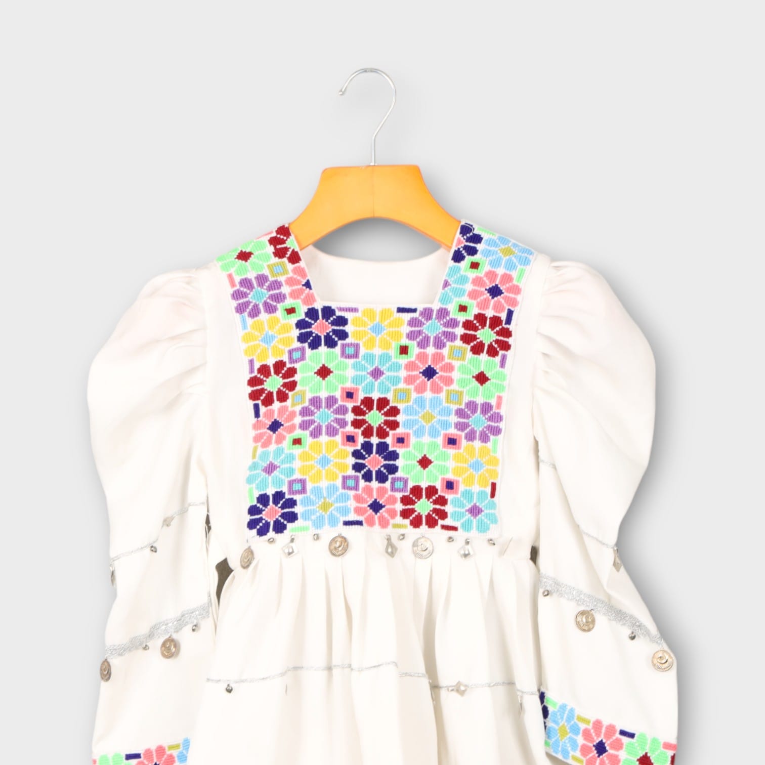 White Afghani Kids Dress with Colorful Embroidery and Blue Dupatta