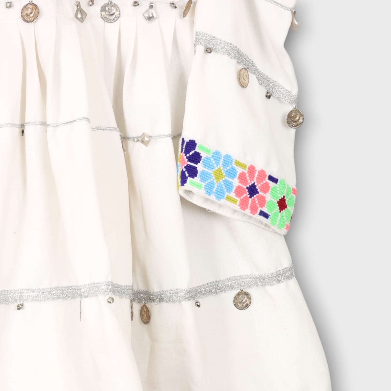 White Afghani Kids Dress with Colorful Embroidery and Blue Dupatta