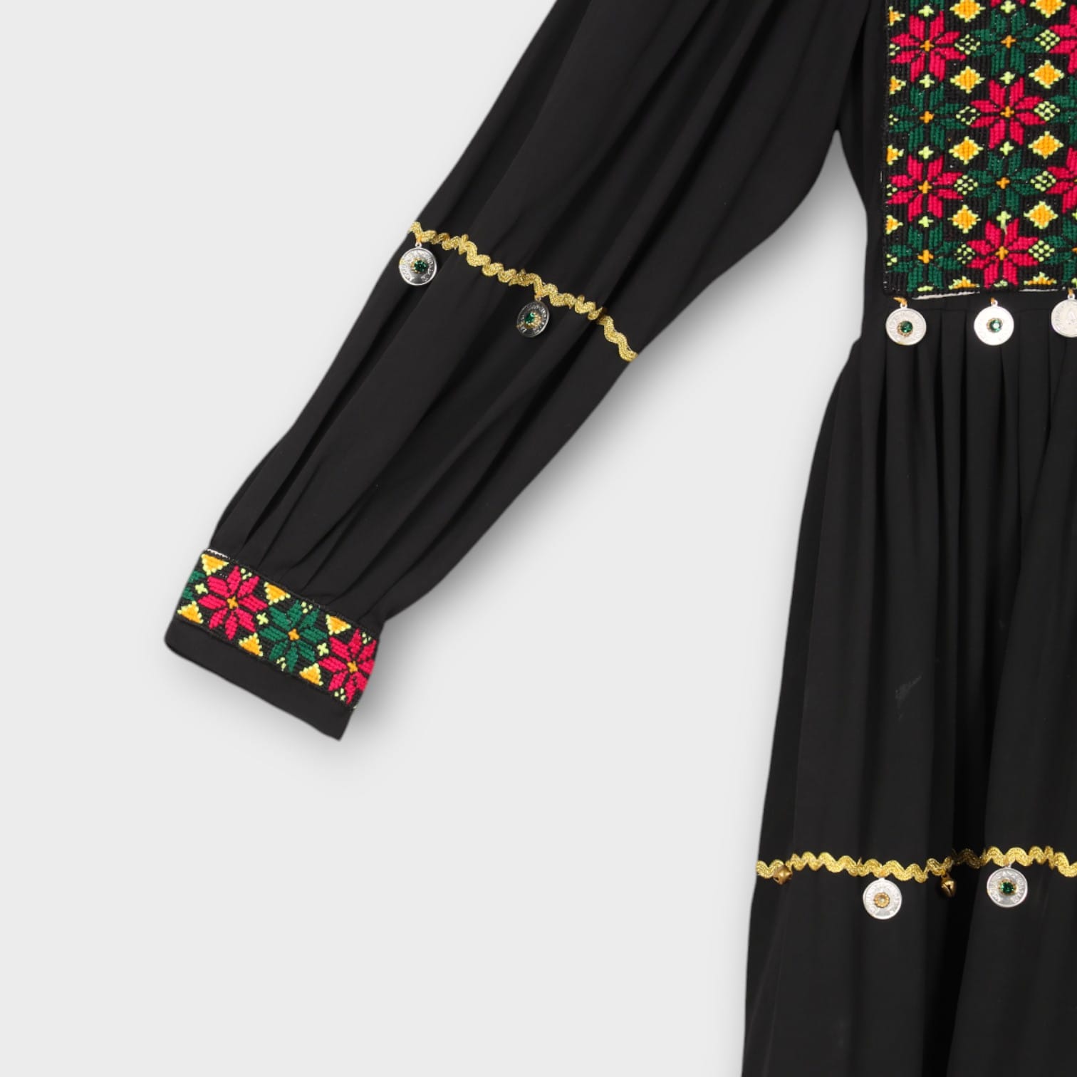 Black Afghani Dress with Colorful Embroidered Bodice and Coin Detailing