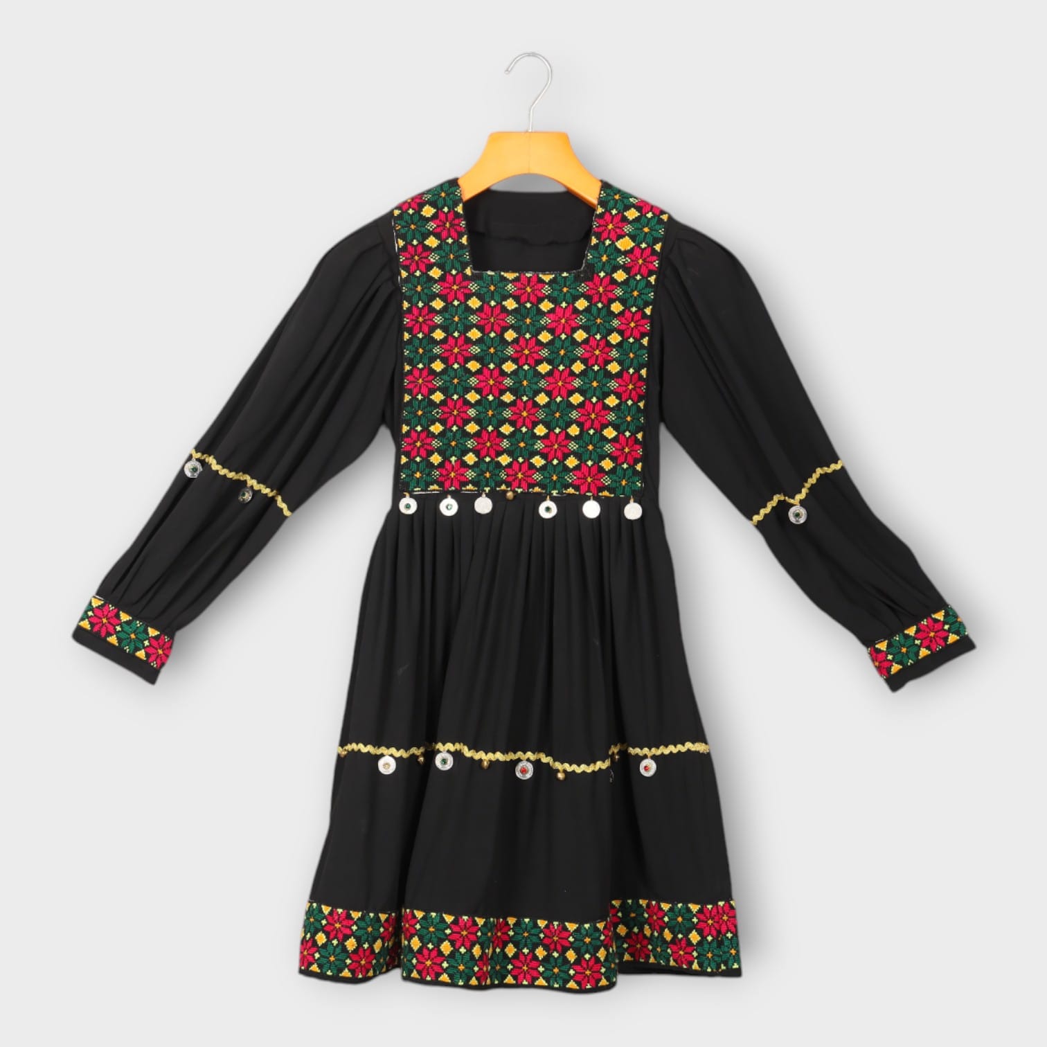 Black Afghani Dress with Colorful Embroidered Bodice and Coin Detailing