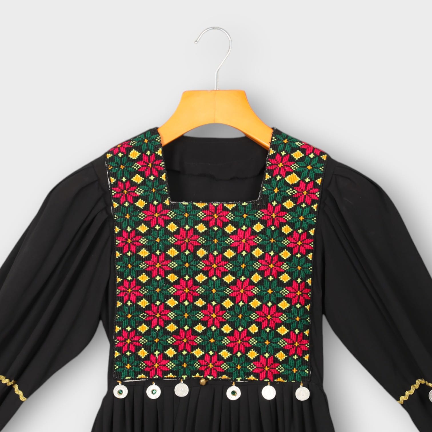 Black Afghani Dress with Colorful Embroidered Bodice and Coin Detailing