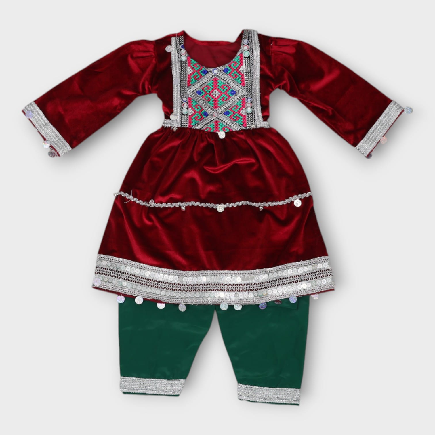 Maroon Velvet Afghani Kids Dress with Embroidery and Coin Trim