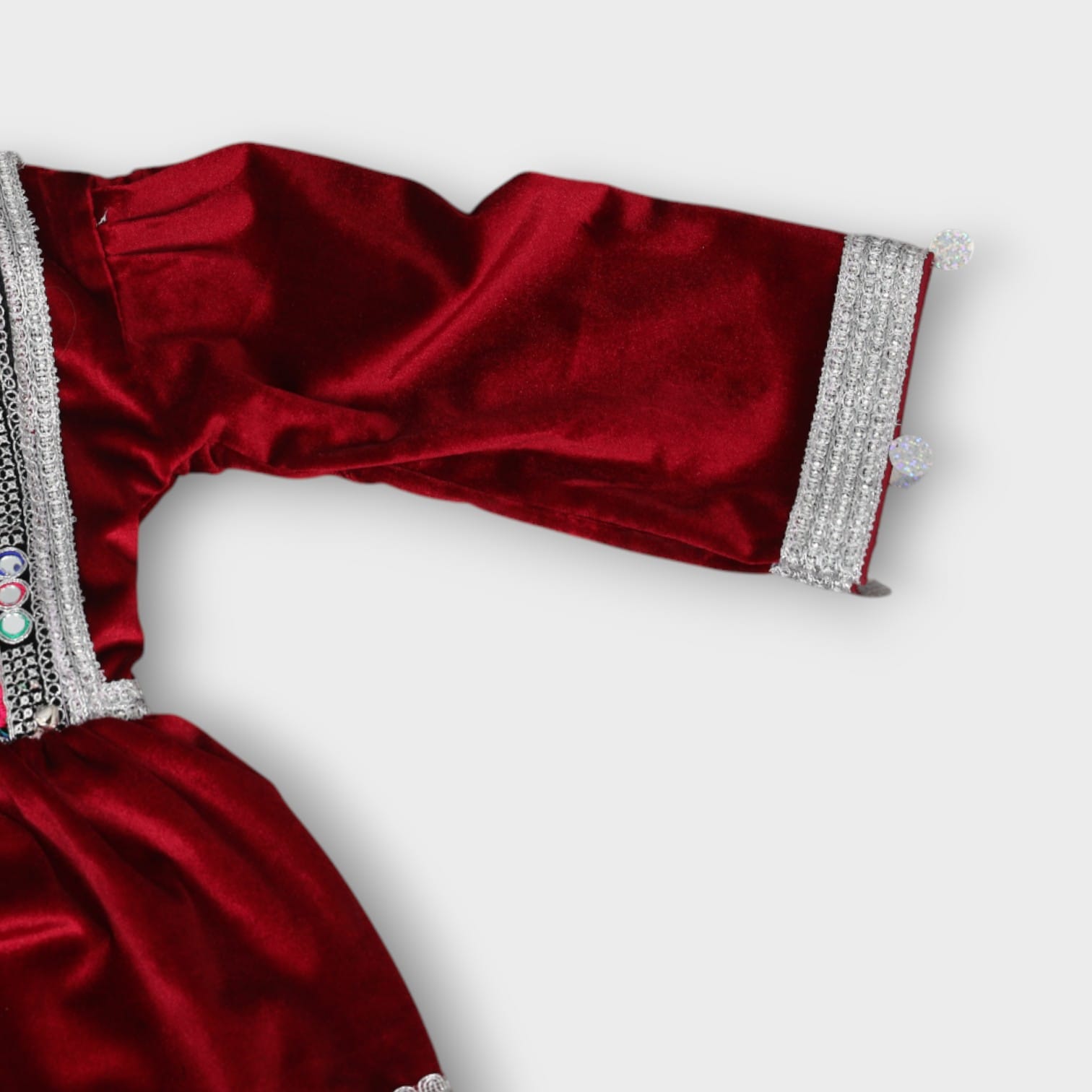 Maroon Velvet Afghani Kids Dress with Embroidery and Coin Trim