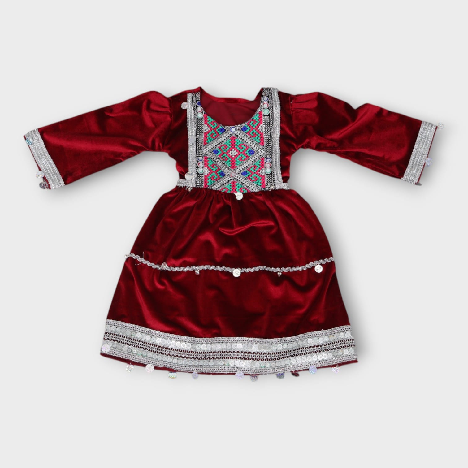 Maroon Velvet Afghani Kids Dress with Embroidery and Coin Trim