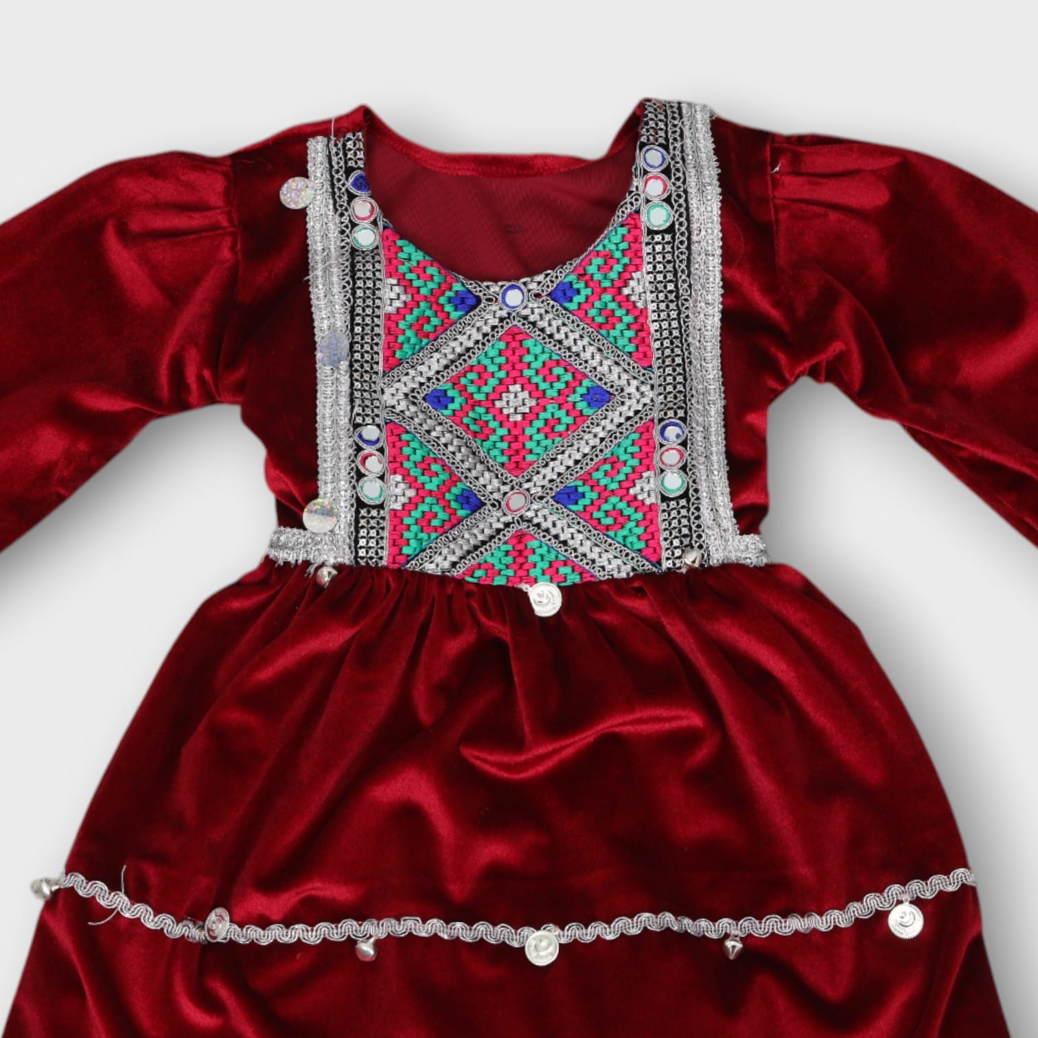 Maroon Velvet Afghani Kids Dress with Embroidery and Coin Trim