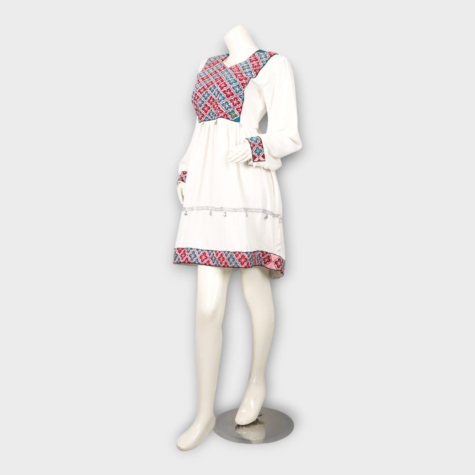 White Afghani Short Dress with Red and Blue Geometric Embroidery