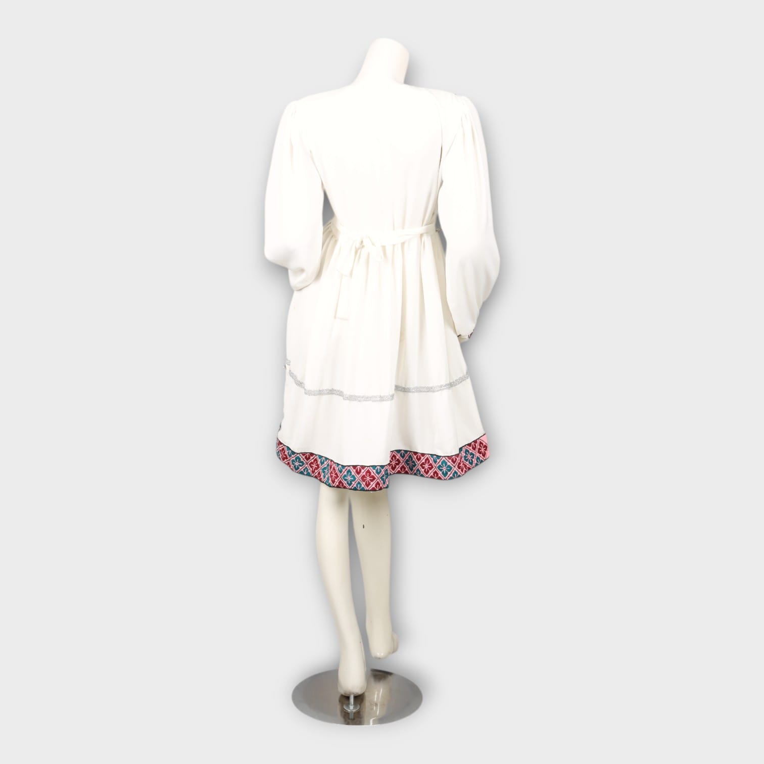 White Afghani Short Dress with Red and Blue Geometric Embroidery