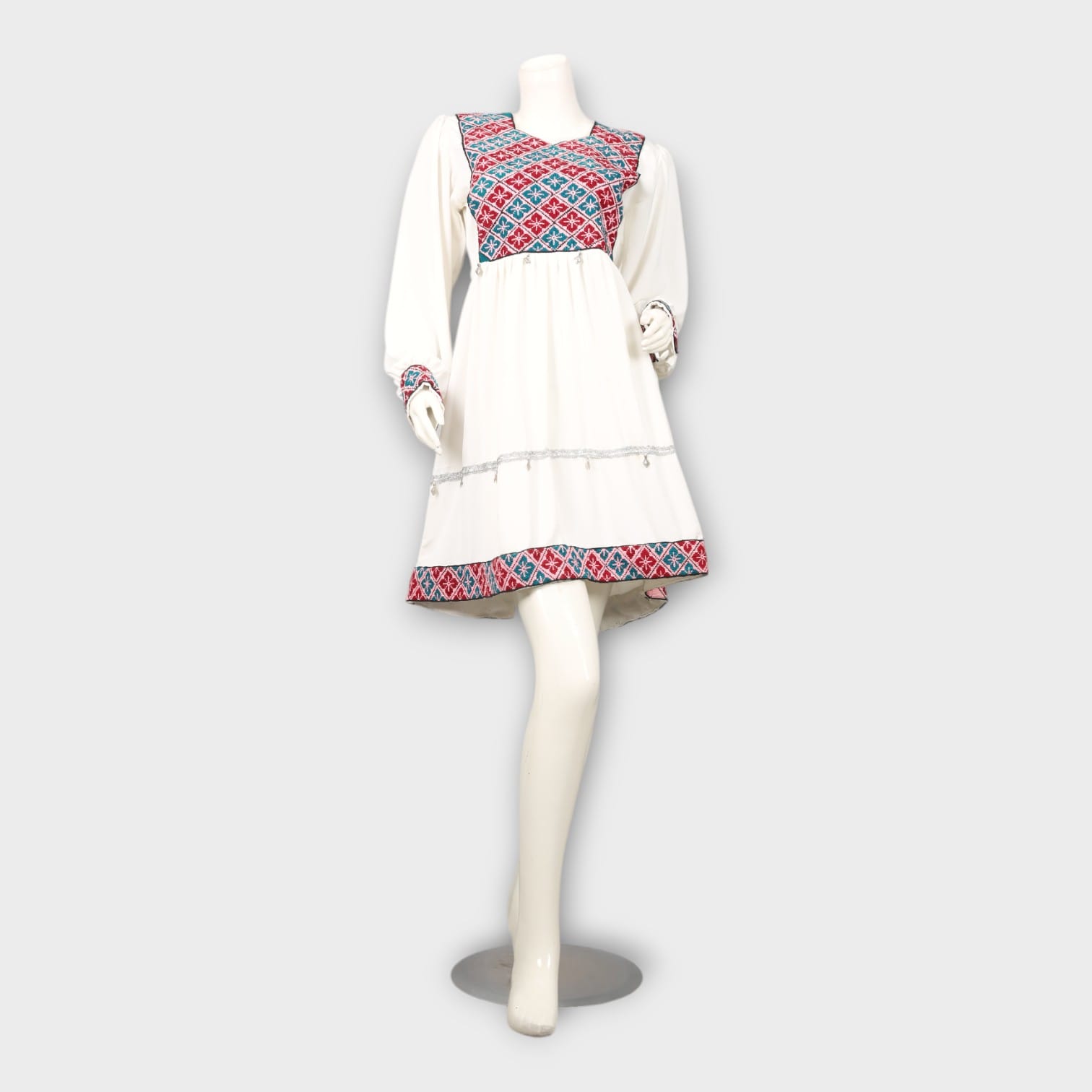 White Afghani Short Dress with Red and Blue Geometric Embroidery