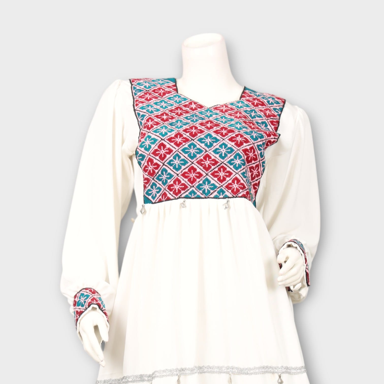 White Afghani Short Dress with Red and Blue Geometric Embroidery