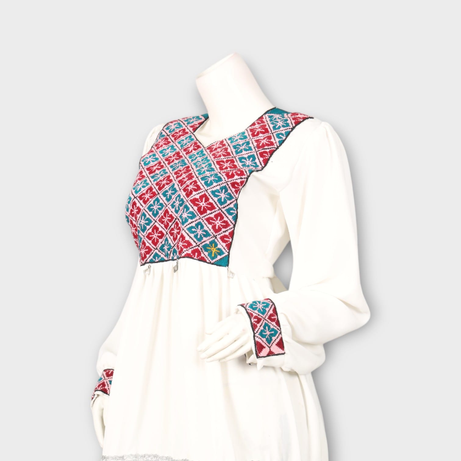 White Afghani Short Dress with Red and Blue Geometric Embroidery