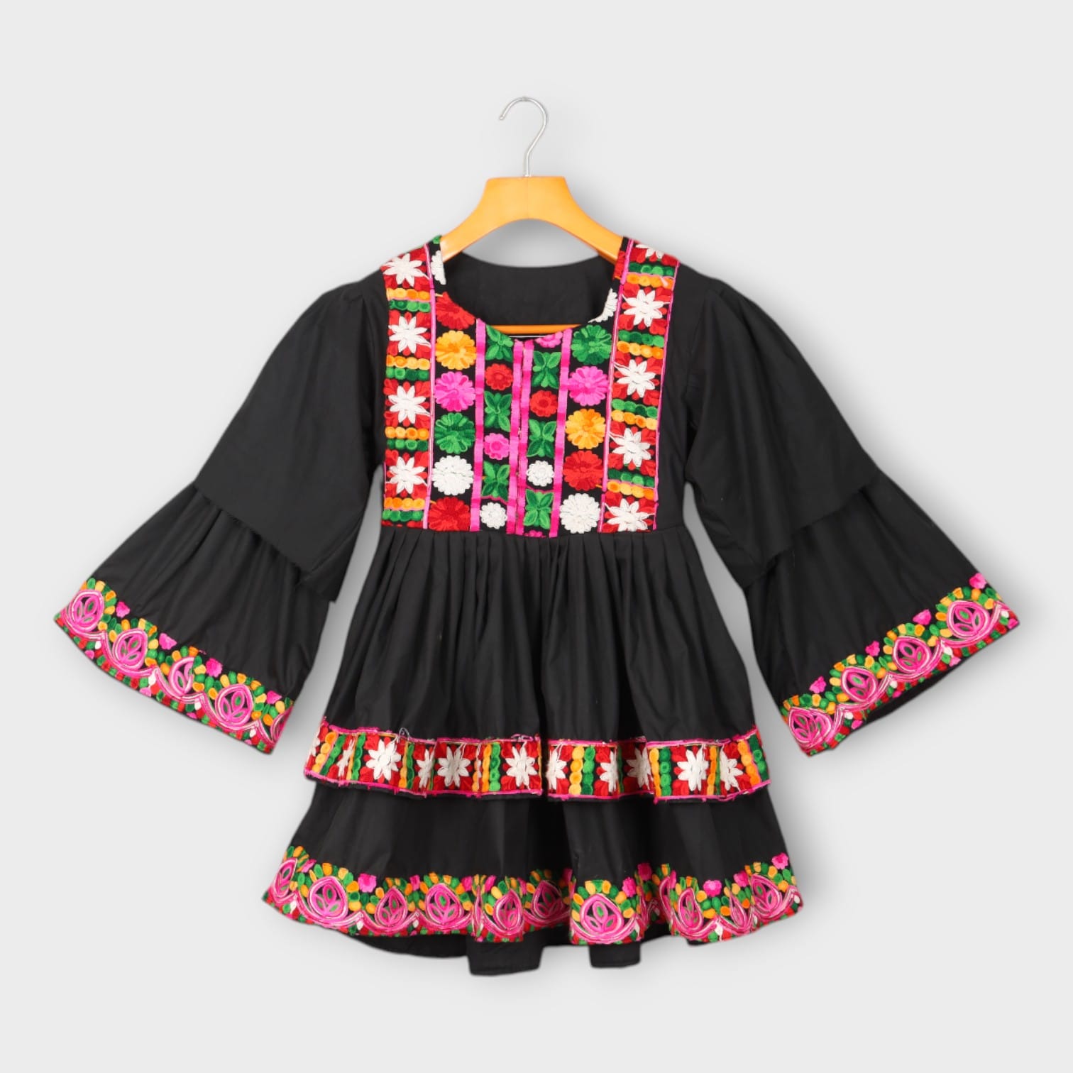 Black Afghani Kids Dress with Multicolor Floral Embroidery