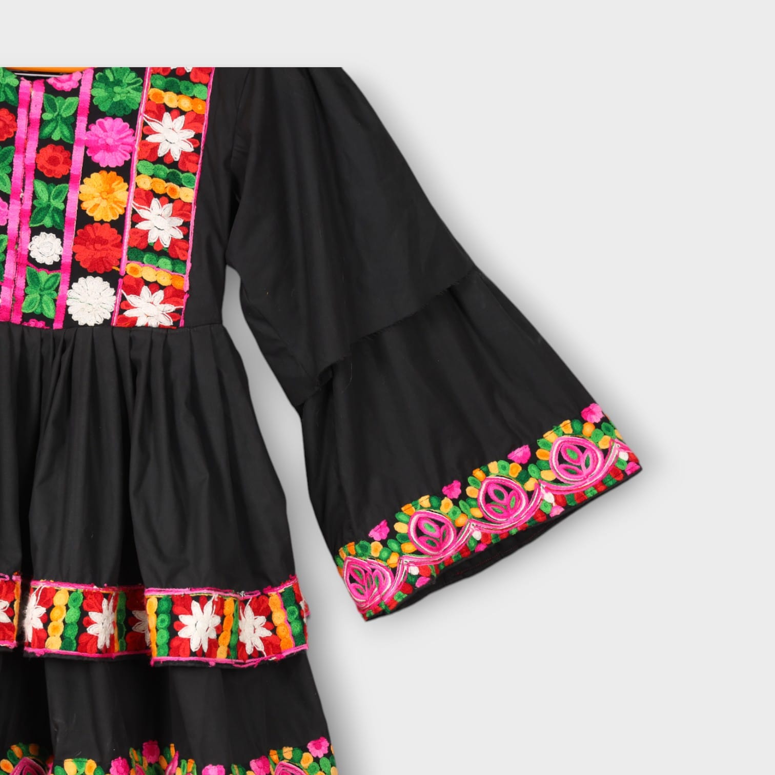 Black Afghani Kids Dress with Multicolor Floral Embroidery
