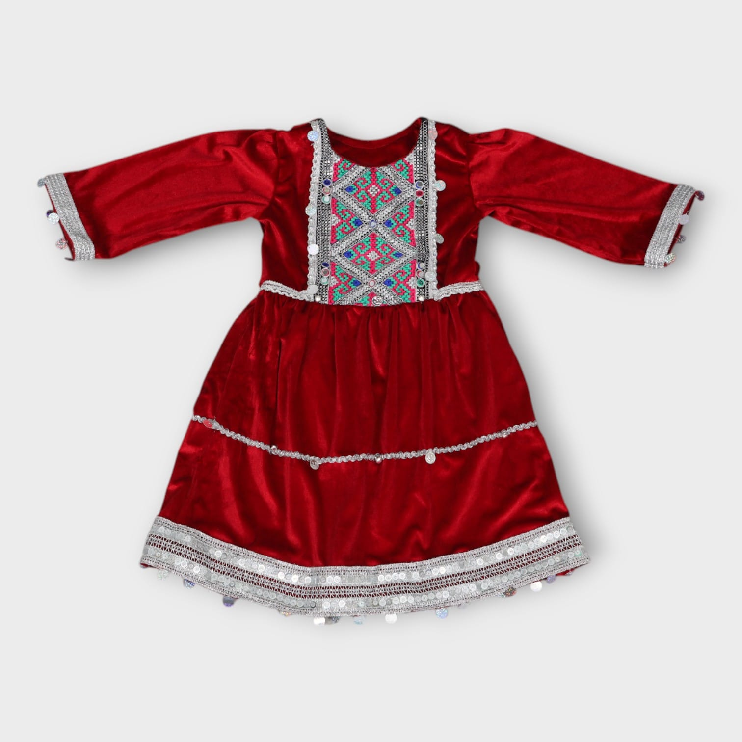 Red Velvet Afghani Kids Dress with Green Trousers and Silver Embroidery