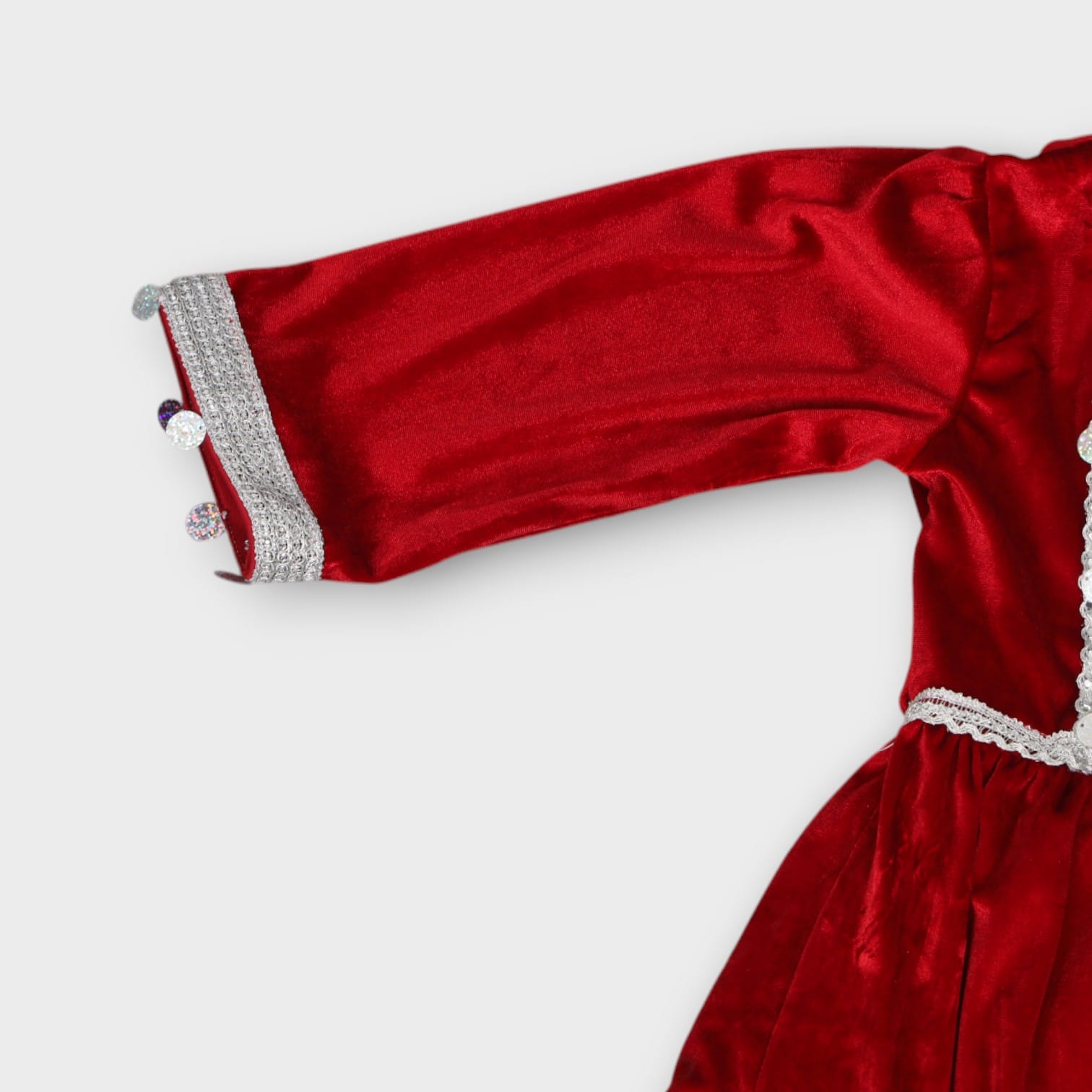 Red Velvet Afghani Kids Dress with Green Trousers and Silver Embroidery