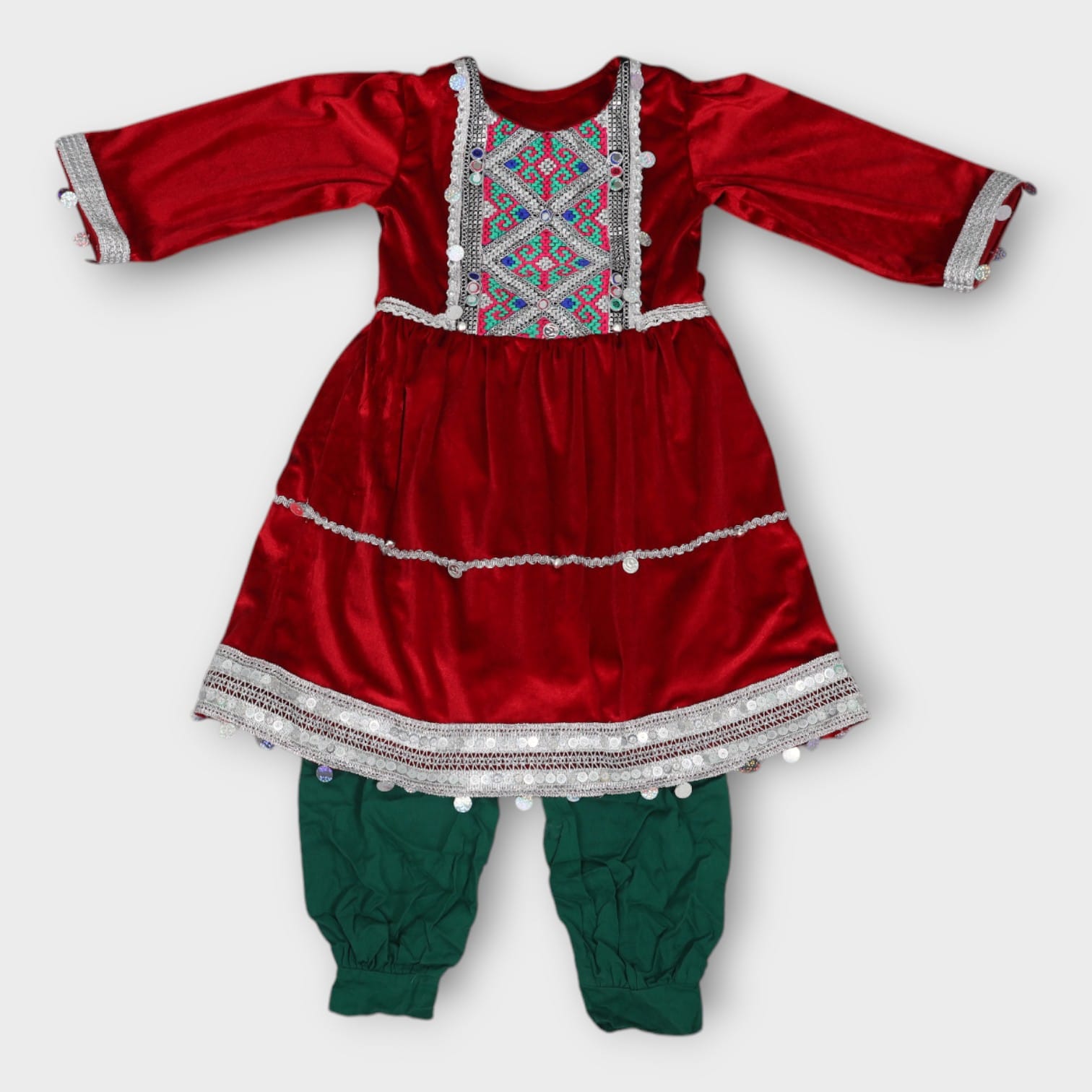 Red Velvet Afghani Kids Dress with Green Trousers and Silver Embroidery