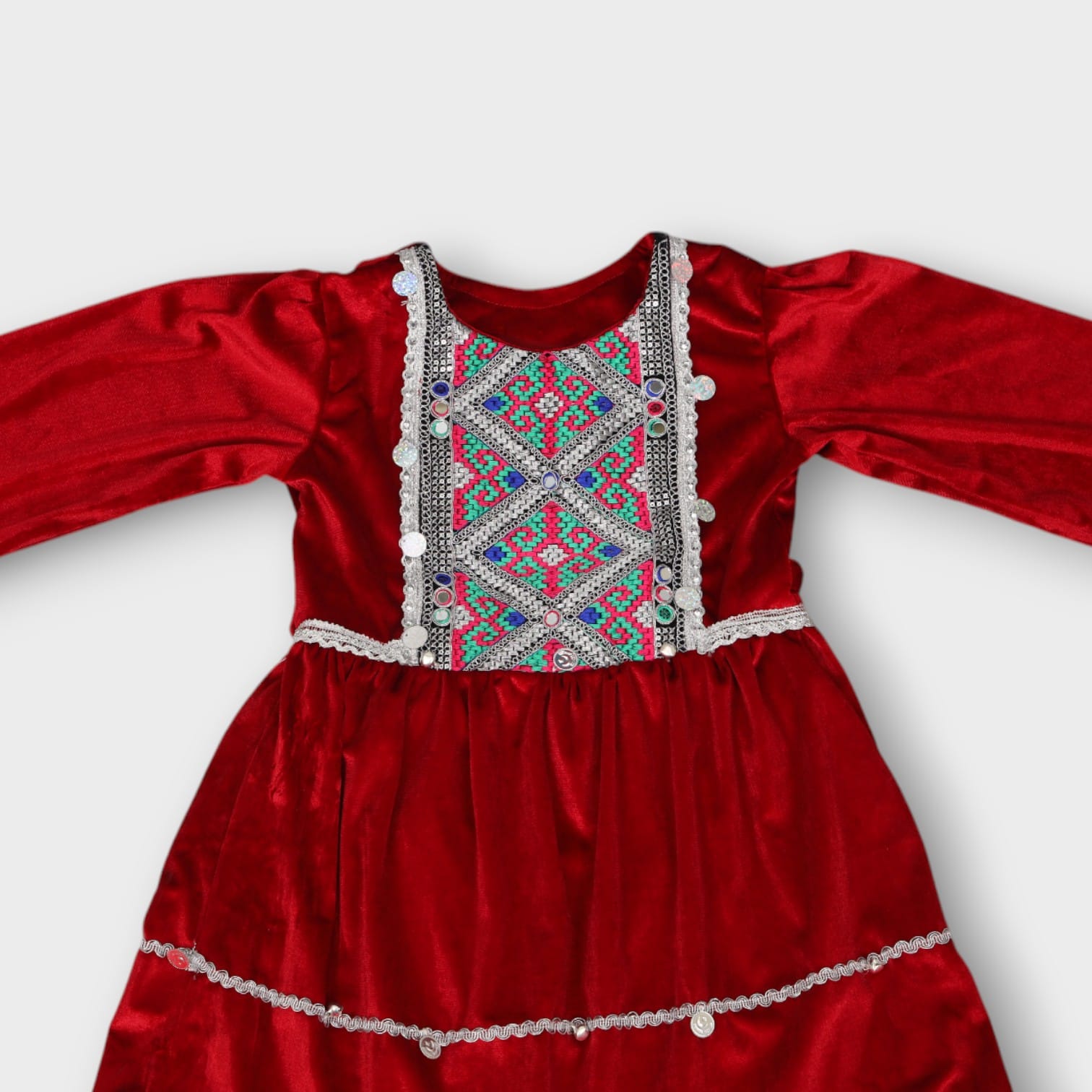 Red Velvet Afghani Kids Dress with Green Trousers and Silver Embroidery