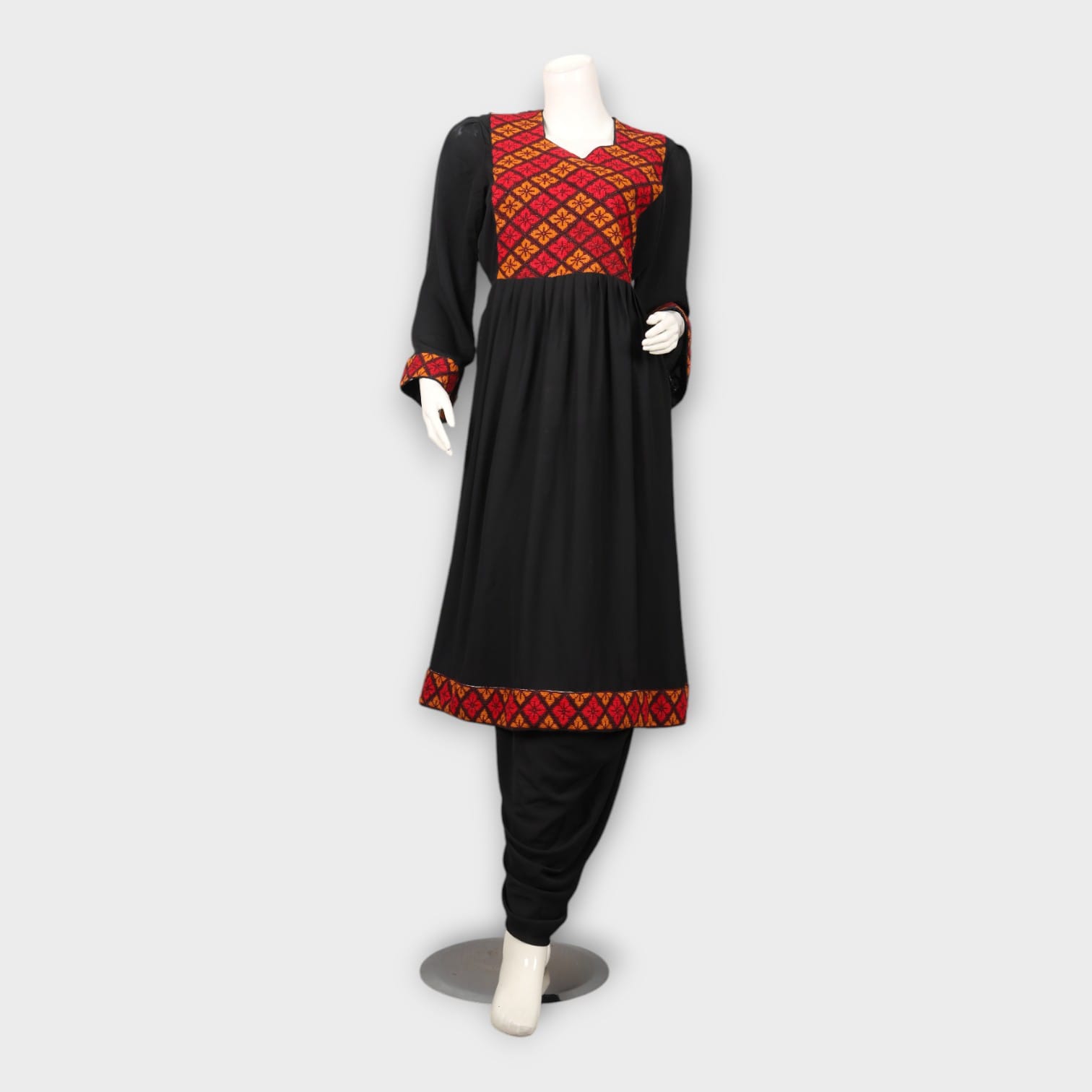 Black Traditional Afghani Dress with Red Geometric Embroidery