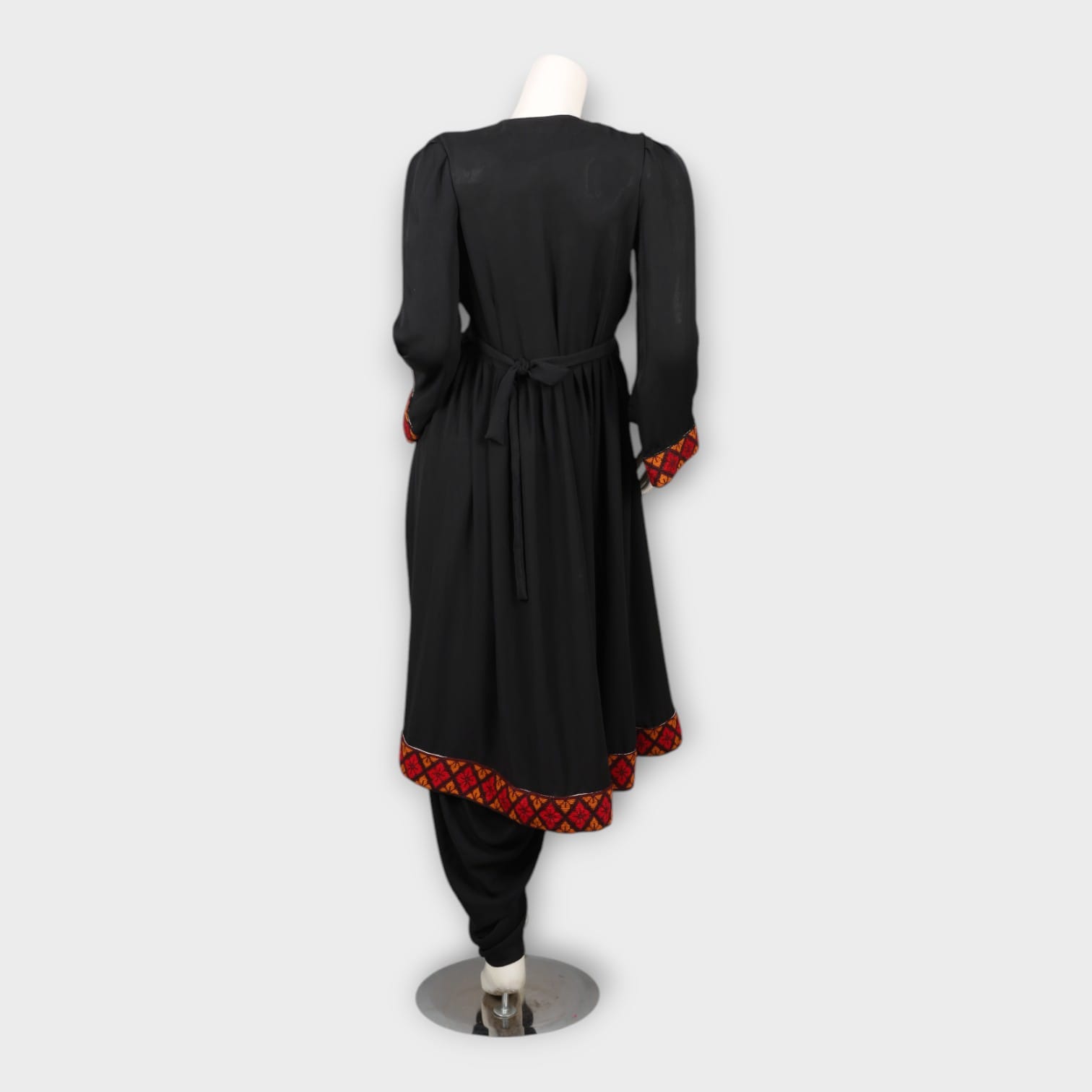Black Traditional Afghani Dress with Red Geometric Embroidery