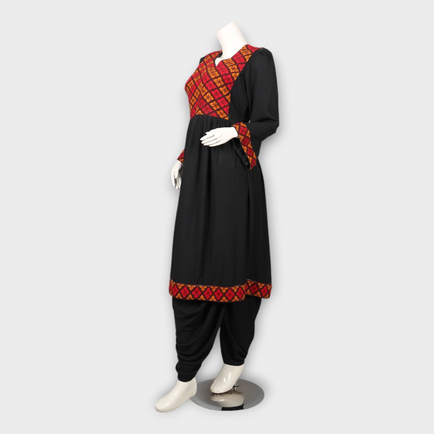 Black Traditional Afghani Dress with Red Geometric Embroidery