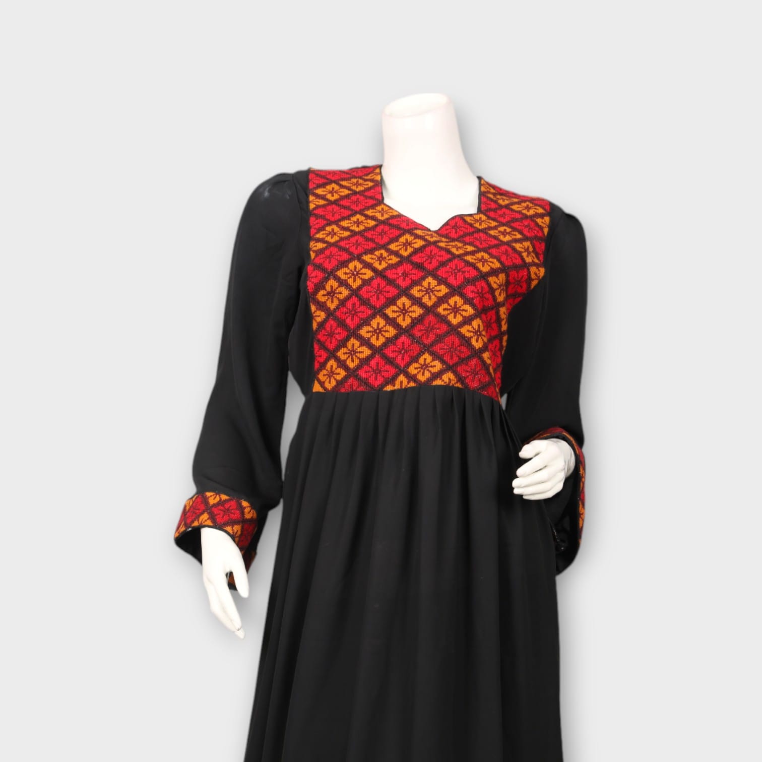 Black Traditional Afghani Dress with Red Geometric Embroidery