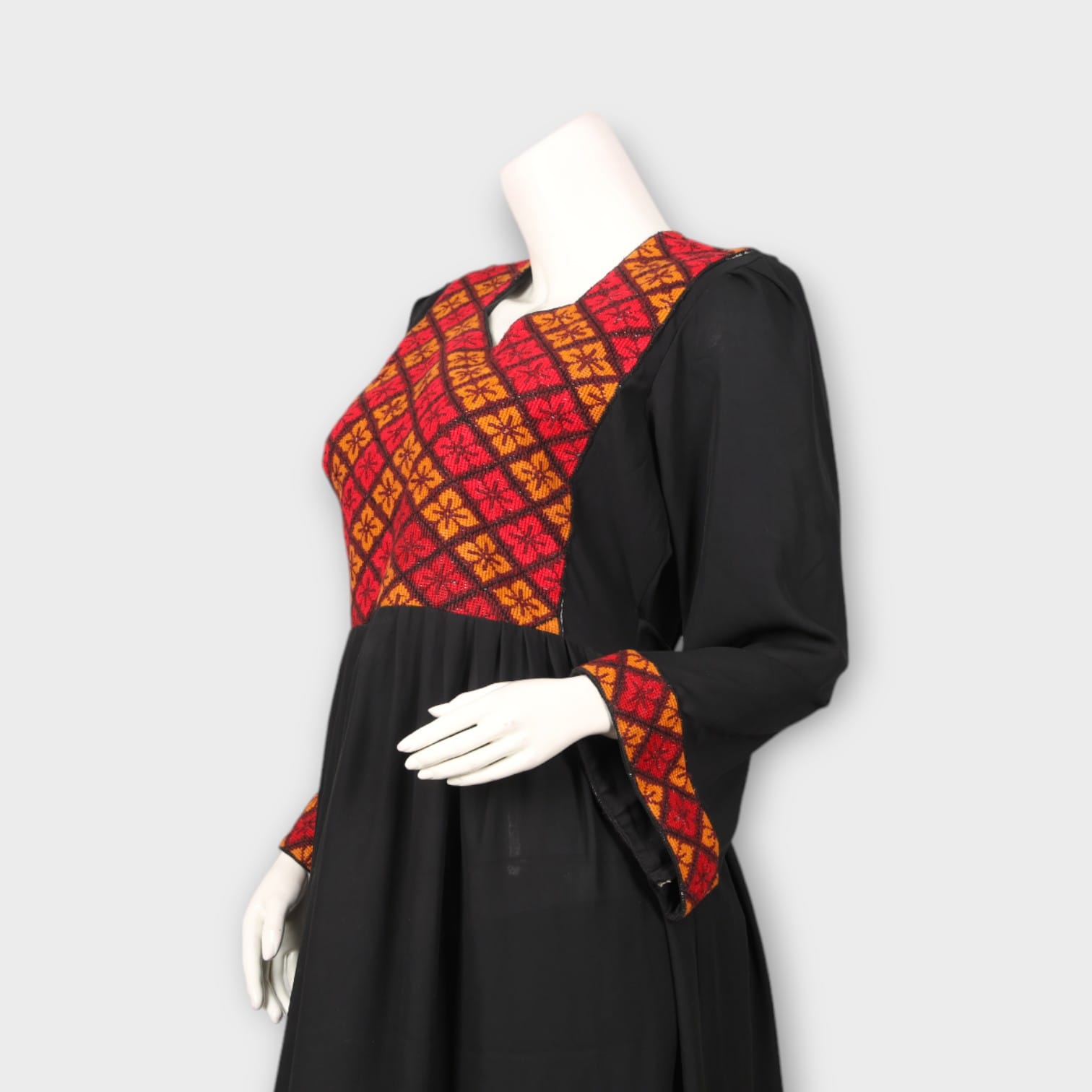Black Traditional Afghani Dress with Red Geometric Embroidery