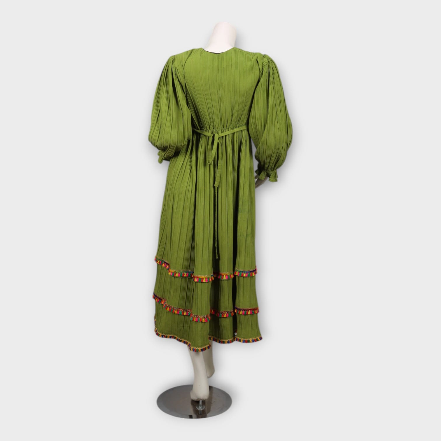Green Pleated Afghani Dress with Multicolor Embroidery