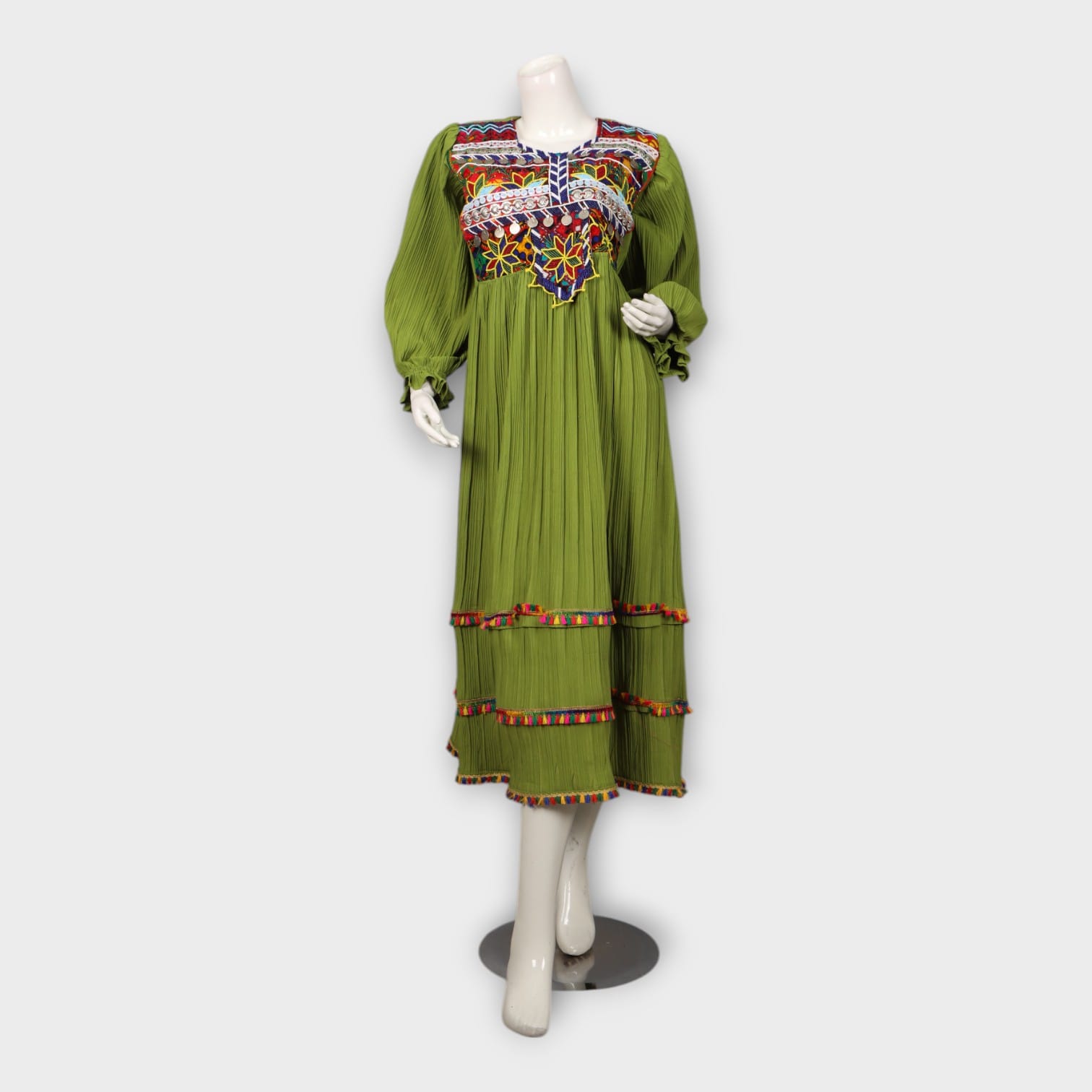 Green Pleated Afghani Dress with Multicolor Embroidery