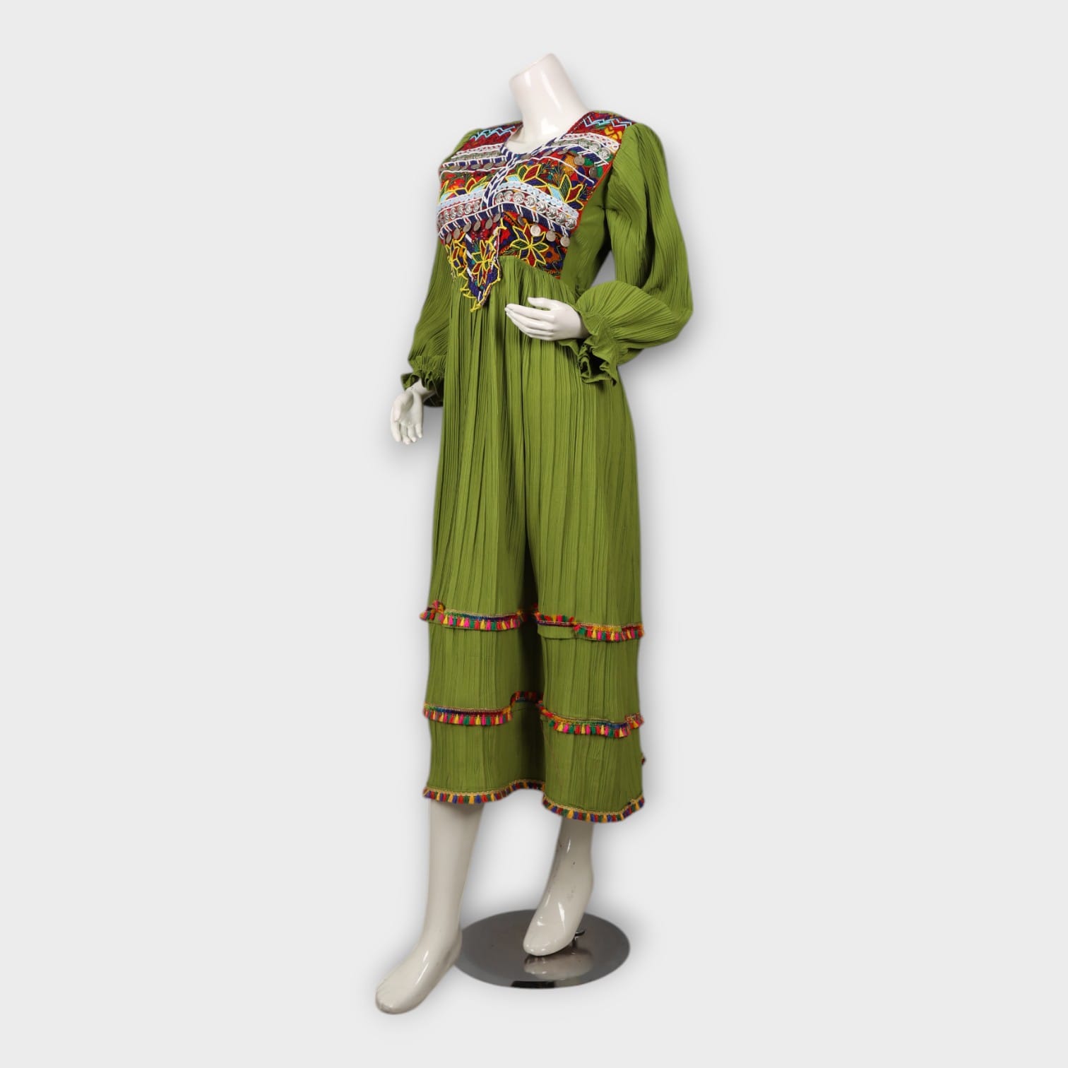 Green Pleated Afghani Dress with Multicolor Embroidery