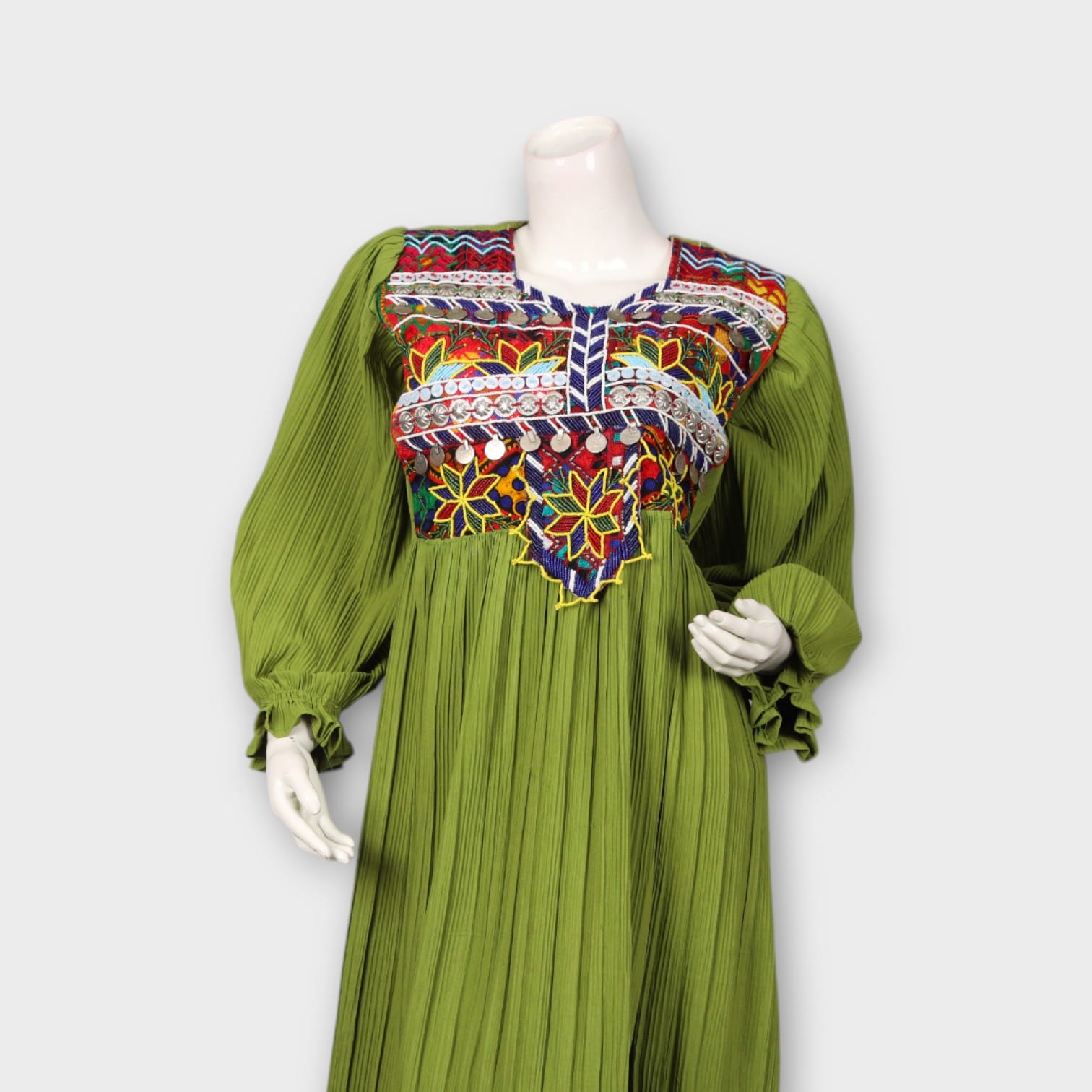Green Pleated Afghani Dress with Multicolor Embroidery
