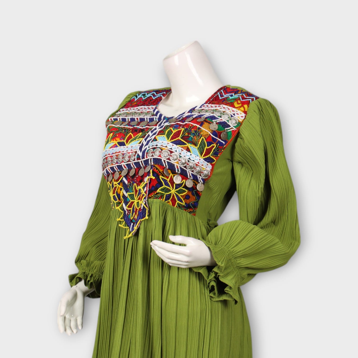 Green Pleated Afghani Dress with Multicolor Embroidery