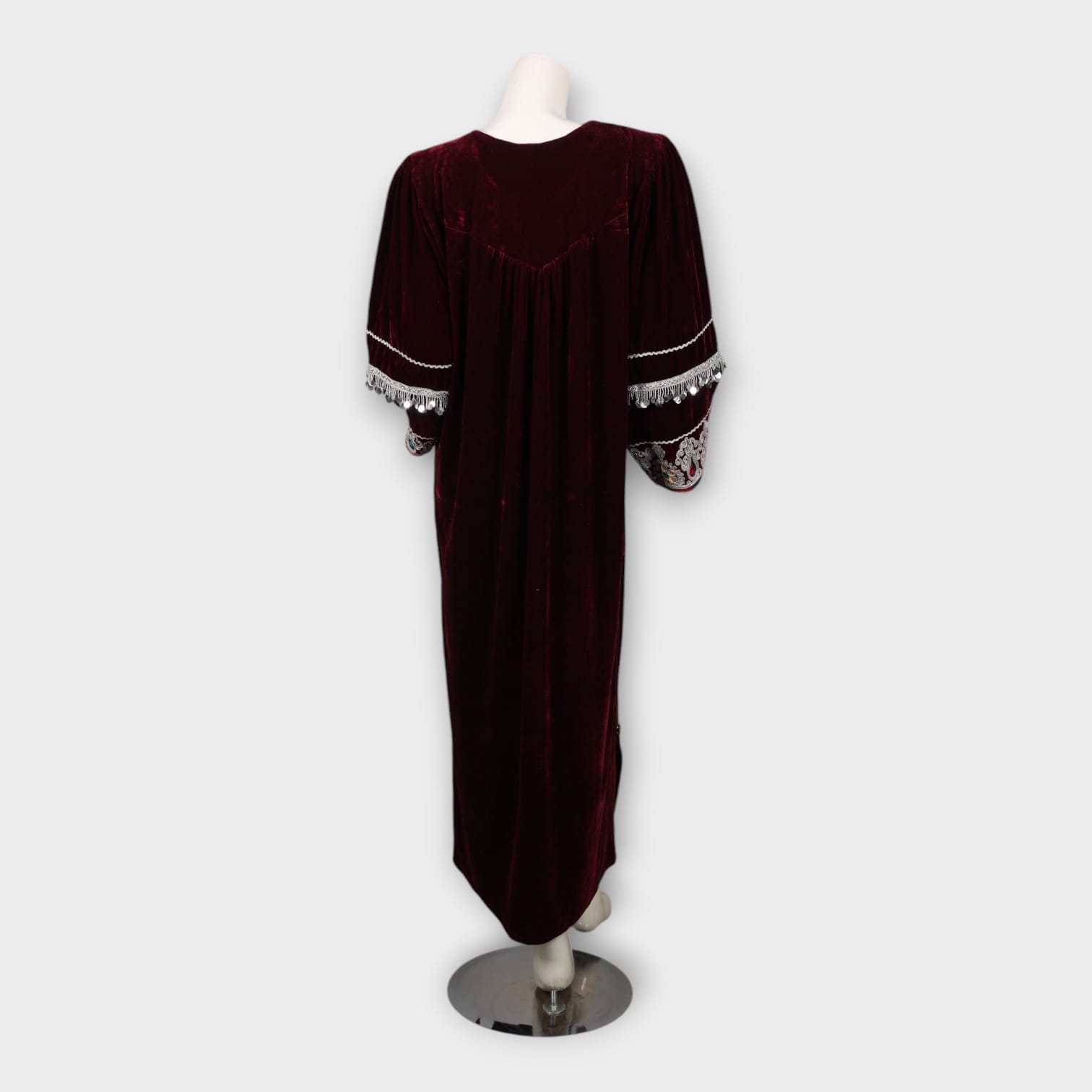 Maroon Velvet Afghani Dress with Embroidered Sleeves and Colorful Dupatta