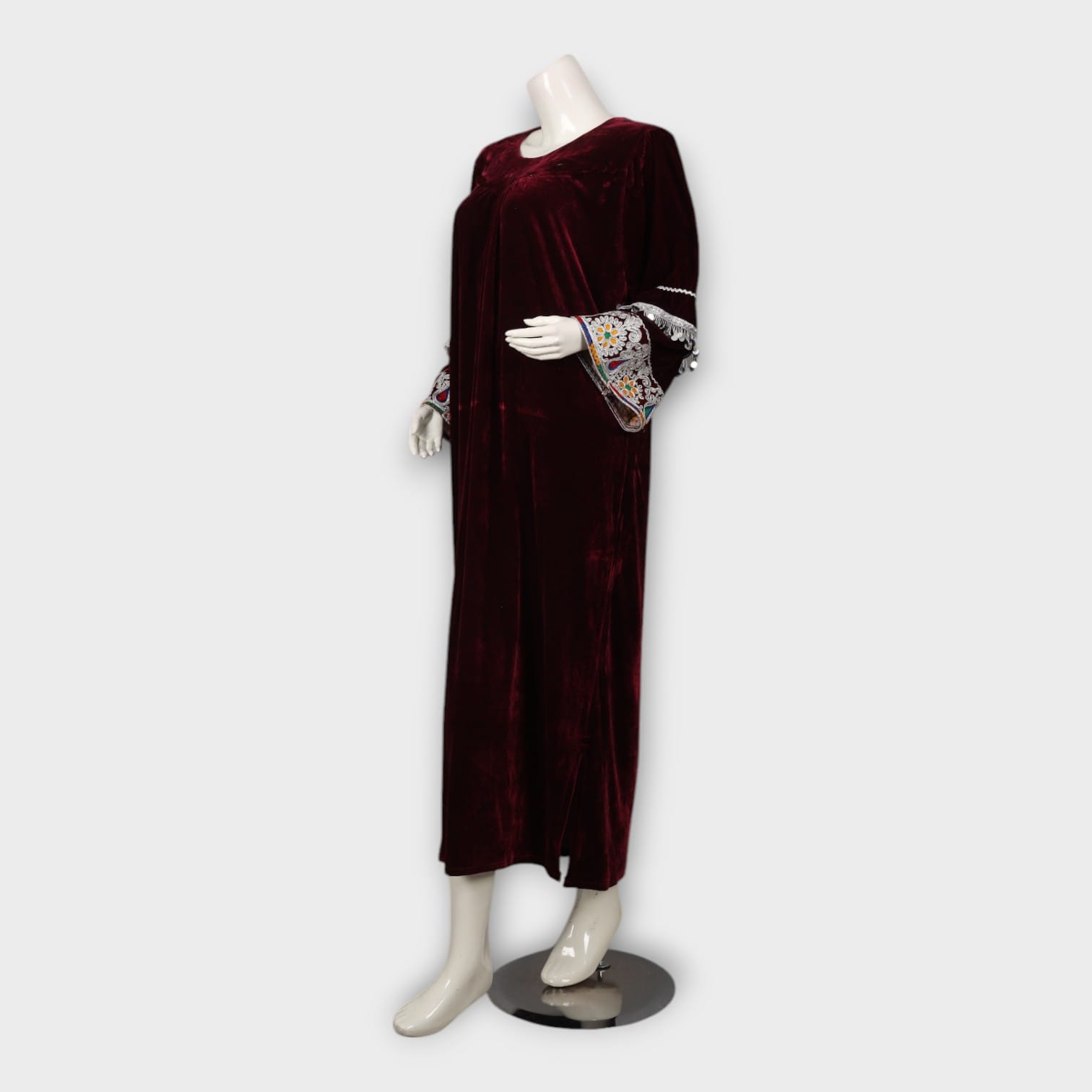 Maroon Velvet Afghani Dress with Embroidered Sleeves and Colorful Dupatta
