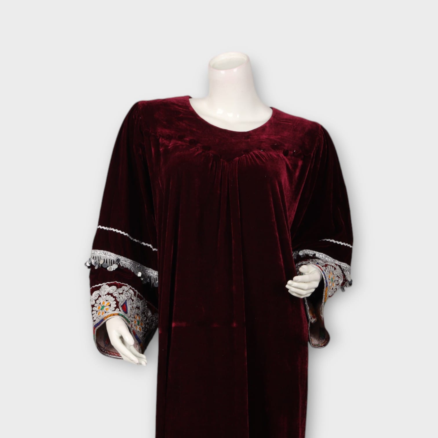 Maroon Velvet Afghani Dress with Embroidered Sleeves and Colorful Dupatta