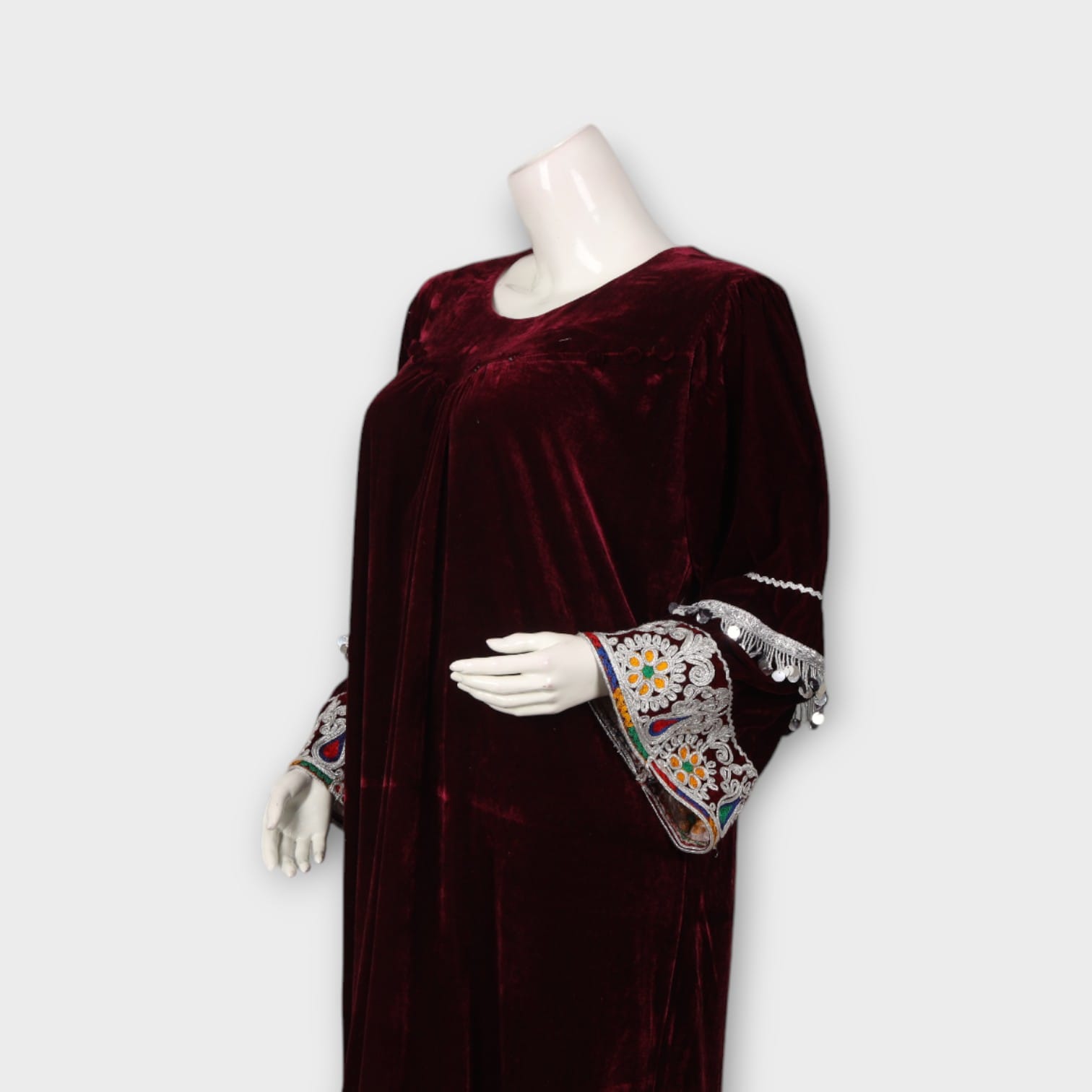 Maroon Velvet Afghani Dress with Embroidered Sleeves and Colorful Dupatta