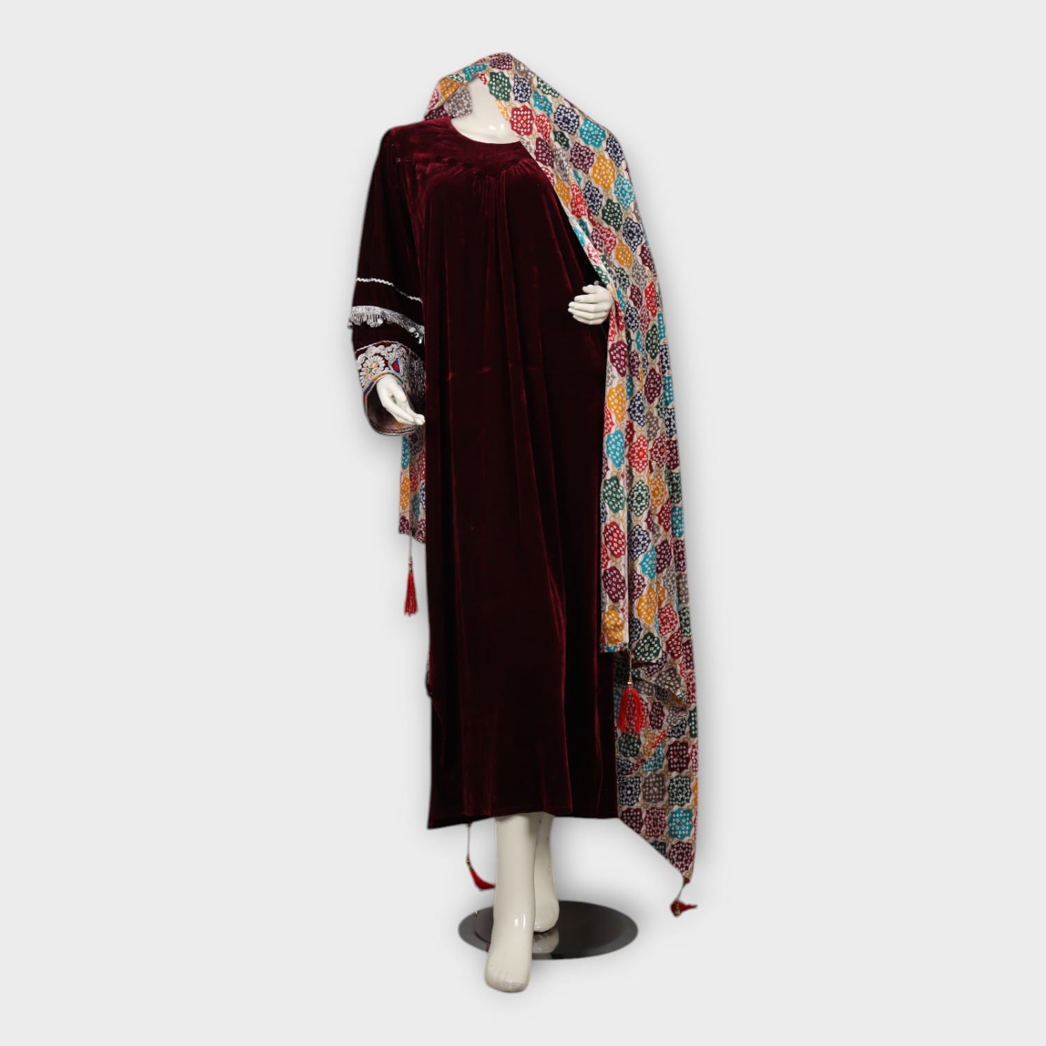Maroon Velvet Afghani Dress with Embroidered Sleeves and Colorful Dupatta