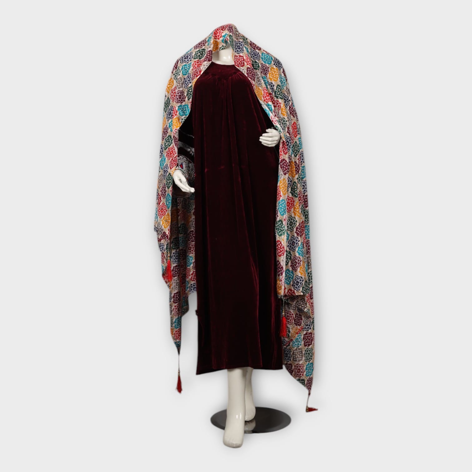 Maroon Velvet Afghani Dress with Embroidered Sleeves and Colorful Dupatta