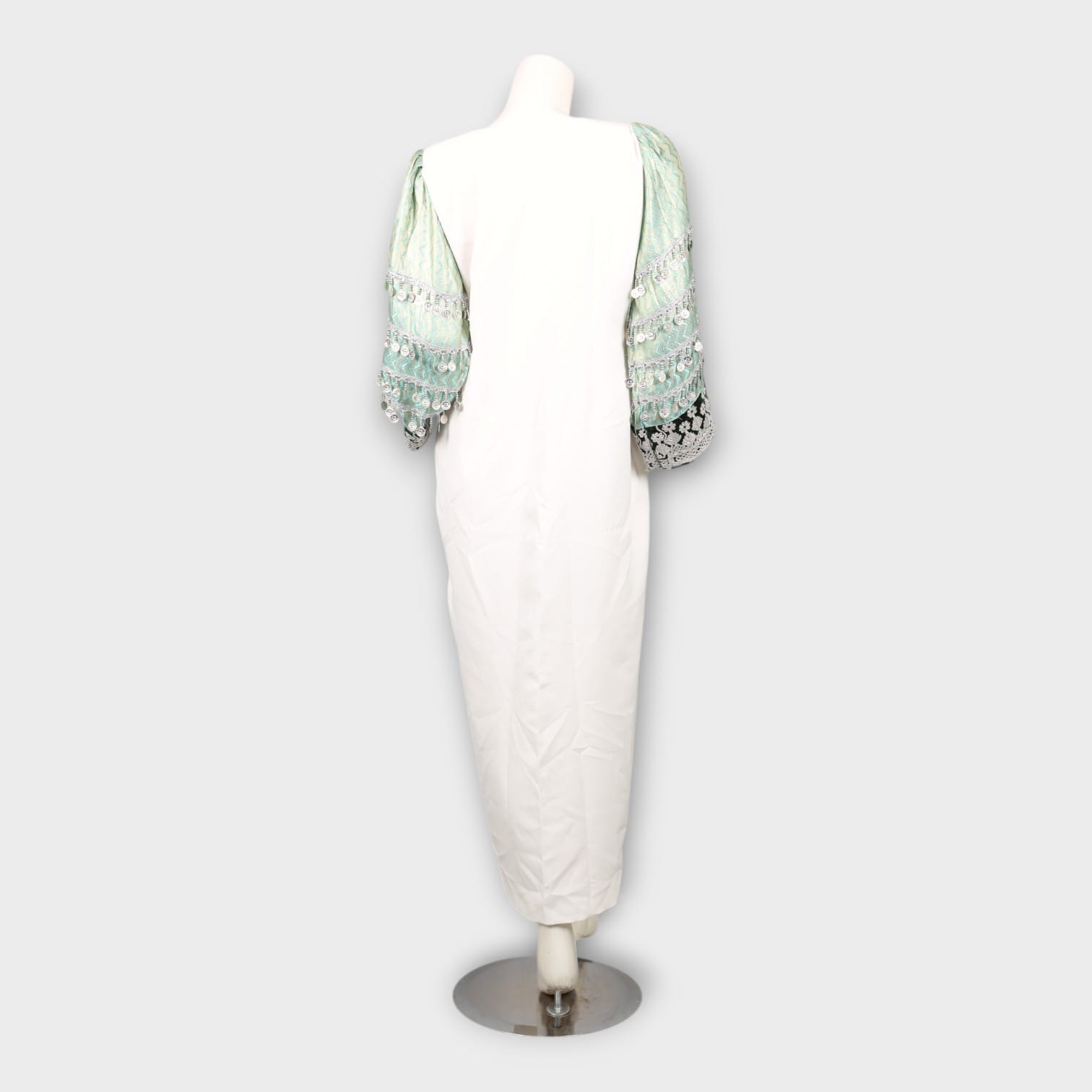 White Long Dress with Embroidered Green Sleeves and Front Buttons