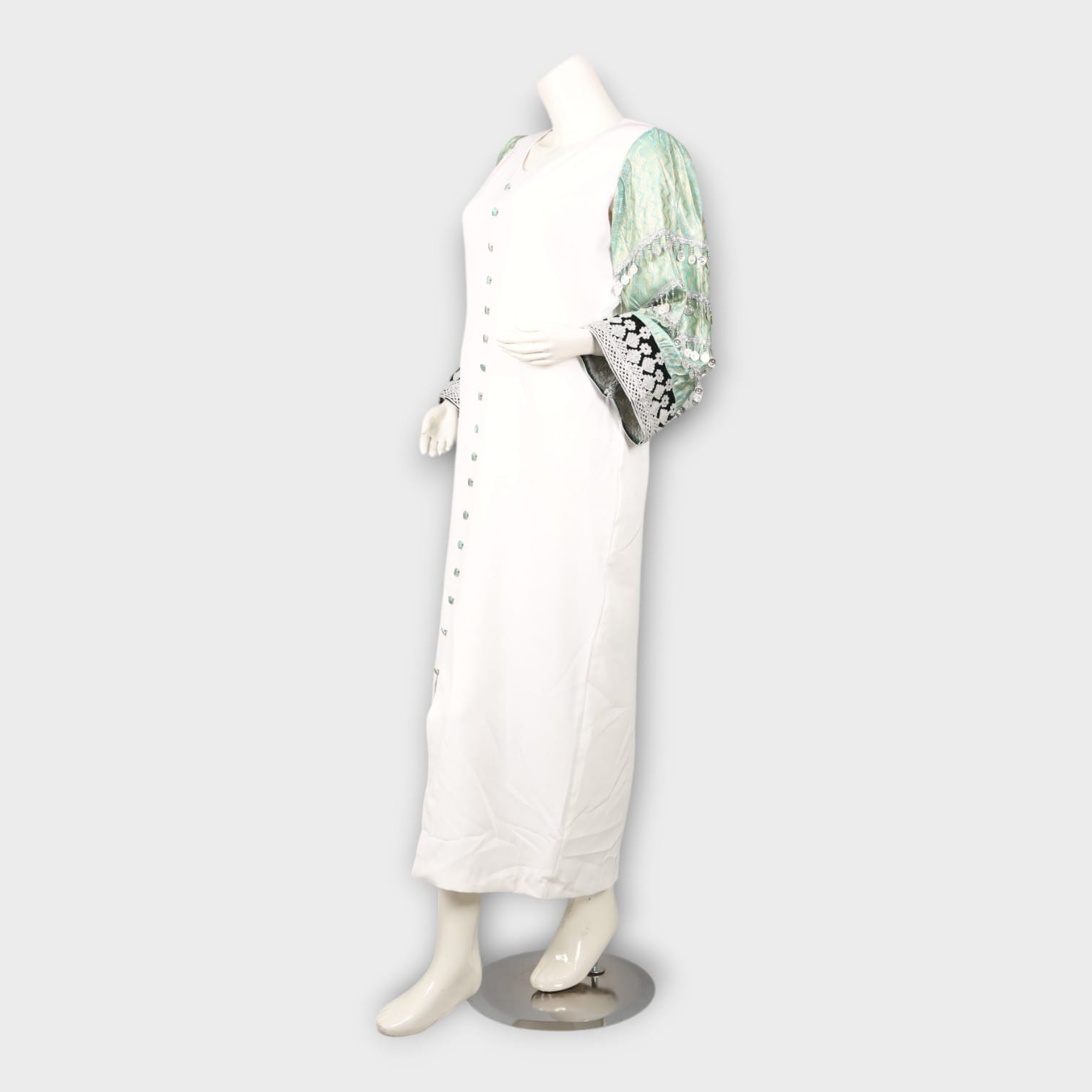 White Long Dress with Embroidered Green Sleeves and Front Buttons