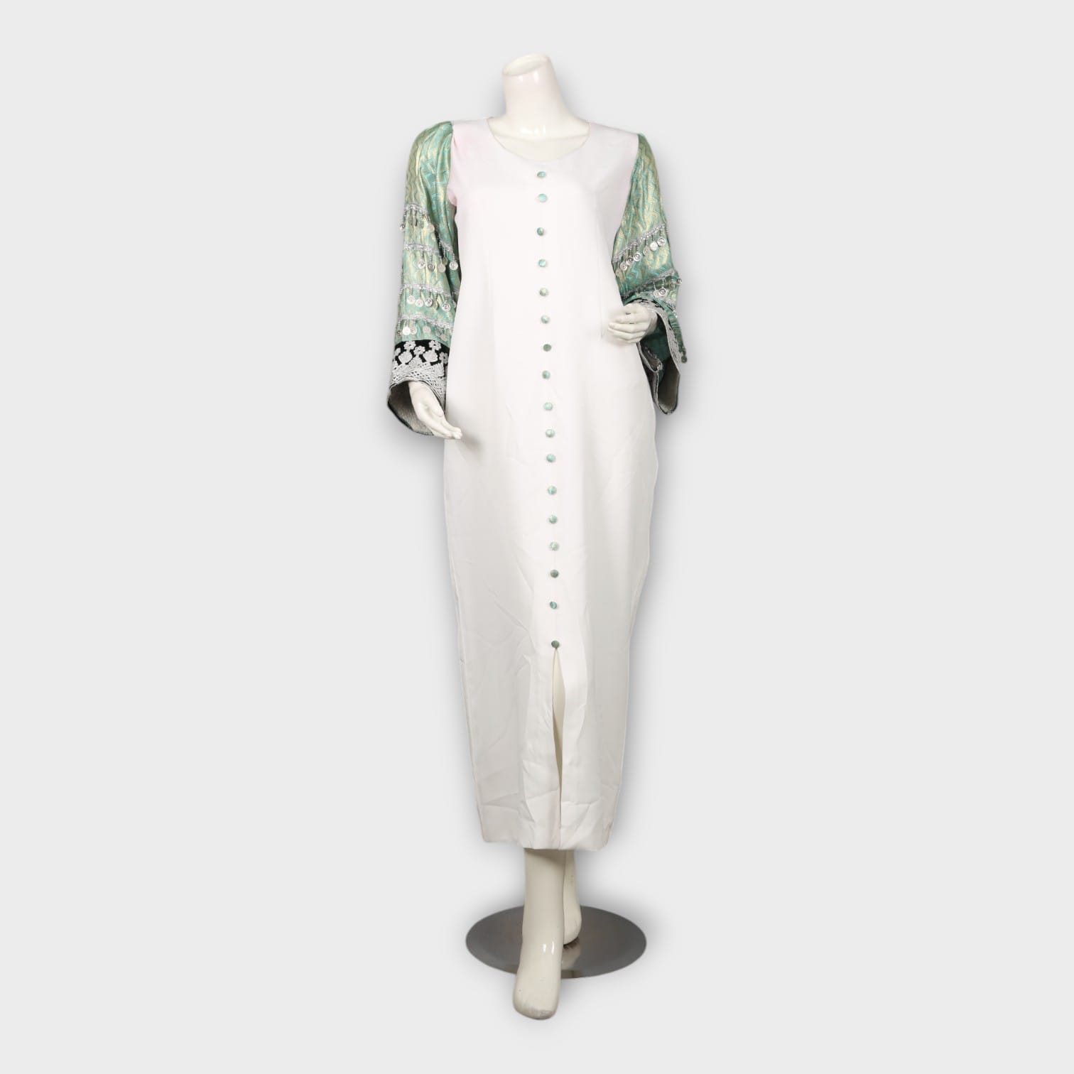 White Long Dress with Embroidered Green Sleeves and Front Buttons