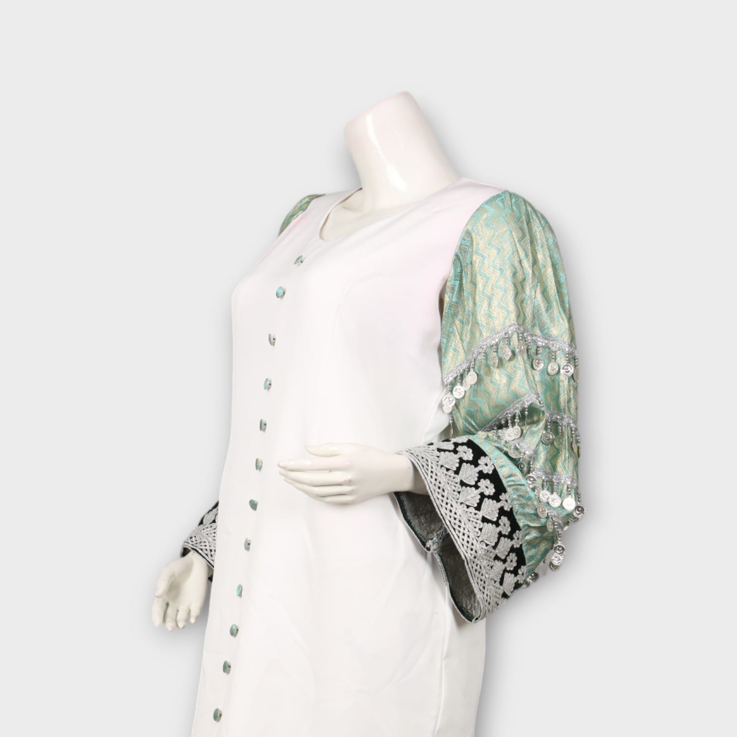 White Long Dress with Embroidered Green Sleeves and Front Buttons